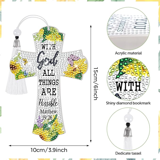 8 Pieces Christian Bible Verse Diamond Art Bookmarks 5d Christian Beaded Bookmark Acrylic Tassel Bookmark for DIY Making Beginners Kids Adults Arts Craft Supplies (Floral)