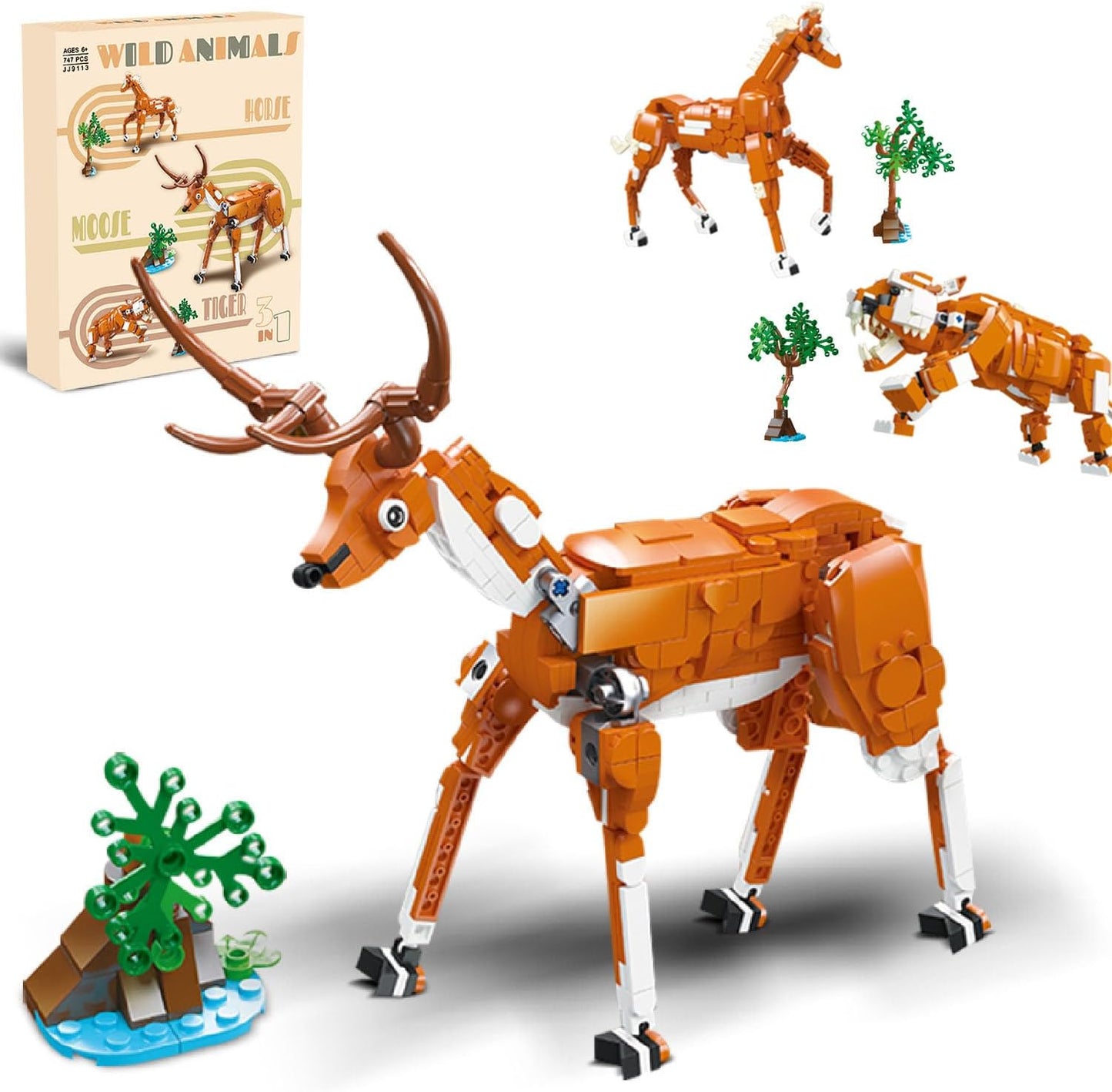 Creator 3 in 1 Building Set, Rebuilds into 3 Different Safari Animal Figures- Tiger/Sika Deer/Horse, Compatible with Lego Sets for Boys 6+/8-14 (747pcs)