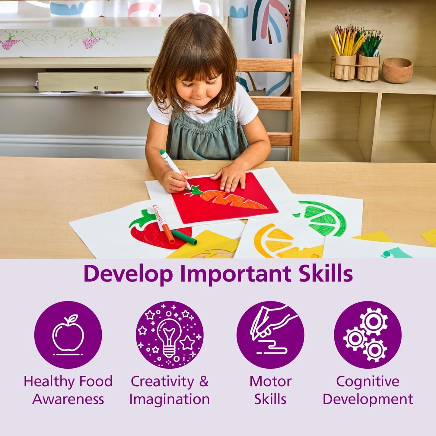 Colorations Fruit & Vegetable Shapes Stencils for Kids, 8 inches, Jumbo, Sturdy, Quality, Washable, Paint, Draw, Spray, Classroom, Arts & Crafts, Teacher, Educational