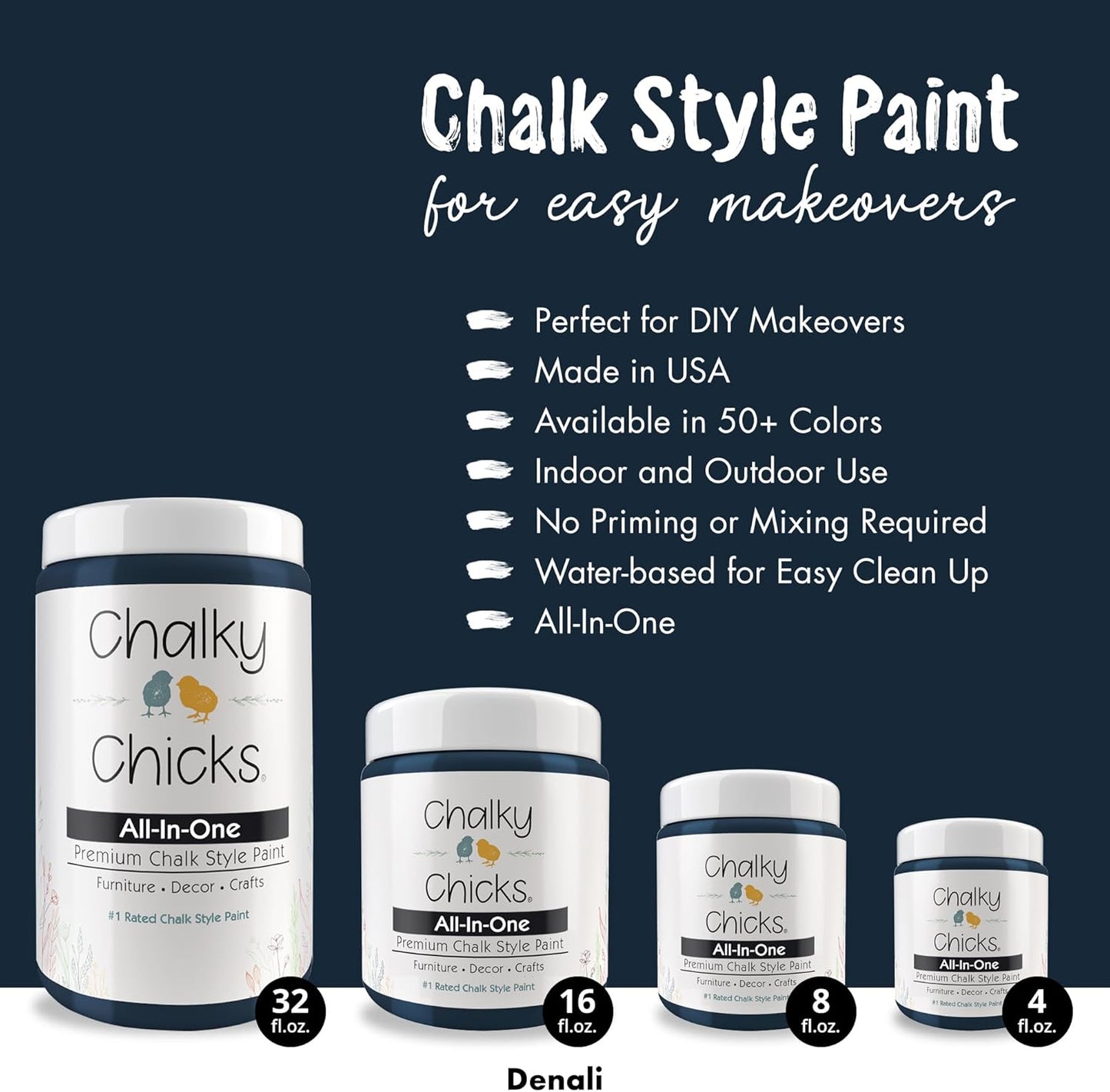Chalky Chicks All-in-One Chalk Paint for Furniture or Cabinet - 4 Fl Oz - Matte Finish Denali (Deep Blue) for Metal, Wood Furniture Paint - No Sanding All-in-One for Home Decor & Crafts, USA Made