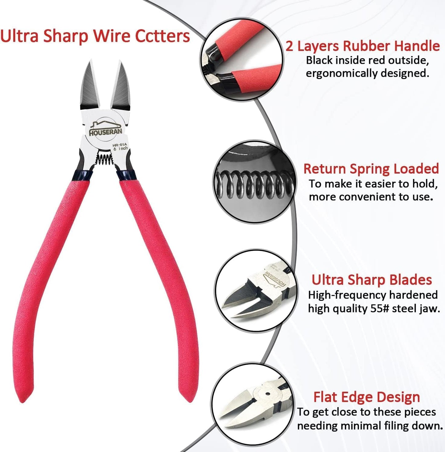 Wire Cutters 2 PACK, 6 inch Wire Cutter Set, HOUSERAN Side Cutters Flush Cut Pliers, Spring Loaded Cutting Pliers with Non-slip Red Handle, Wire Cutters Heavy Duty for Jewelry Making, Crafts, Zip Tie