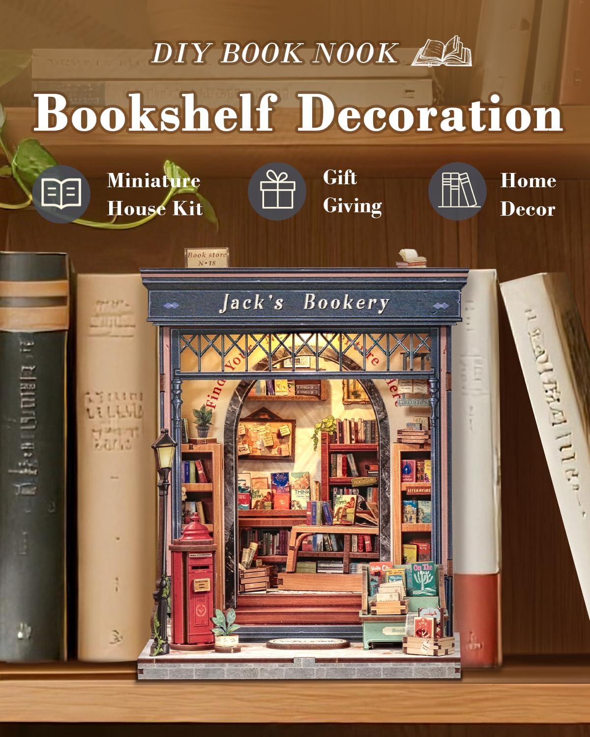CUTEBEE Book Nook Kit - DIY Miniature House Dollhouse Kit for Adults and Teens, Booknook Tiny House Bookstore Library Bookshelf Decor 3D Wooden Puzzle, Gifts for Family, Friends (Jack’s Bookery)