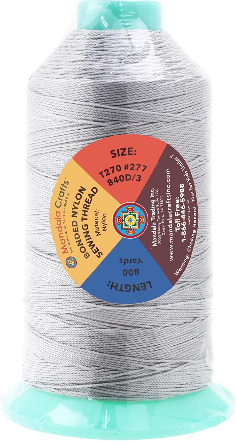 Mandala Crafts Bonded Nylon Thread Silver Heavy Duty Sewing Threads - 800 YDs Size 277 840D T270 Tex 270 Thread for Leather Jeans Weaving Outdoor Marine Upholstery Threads