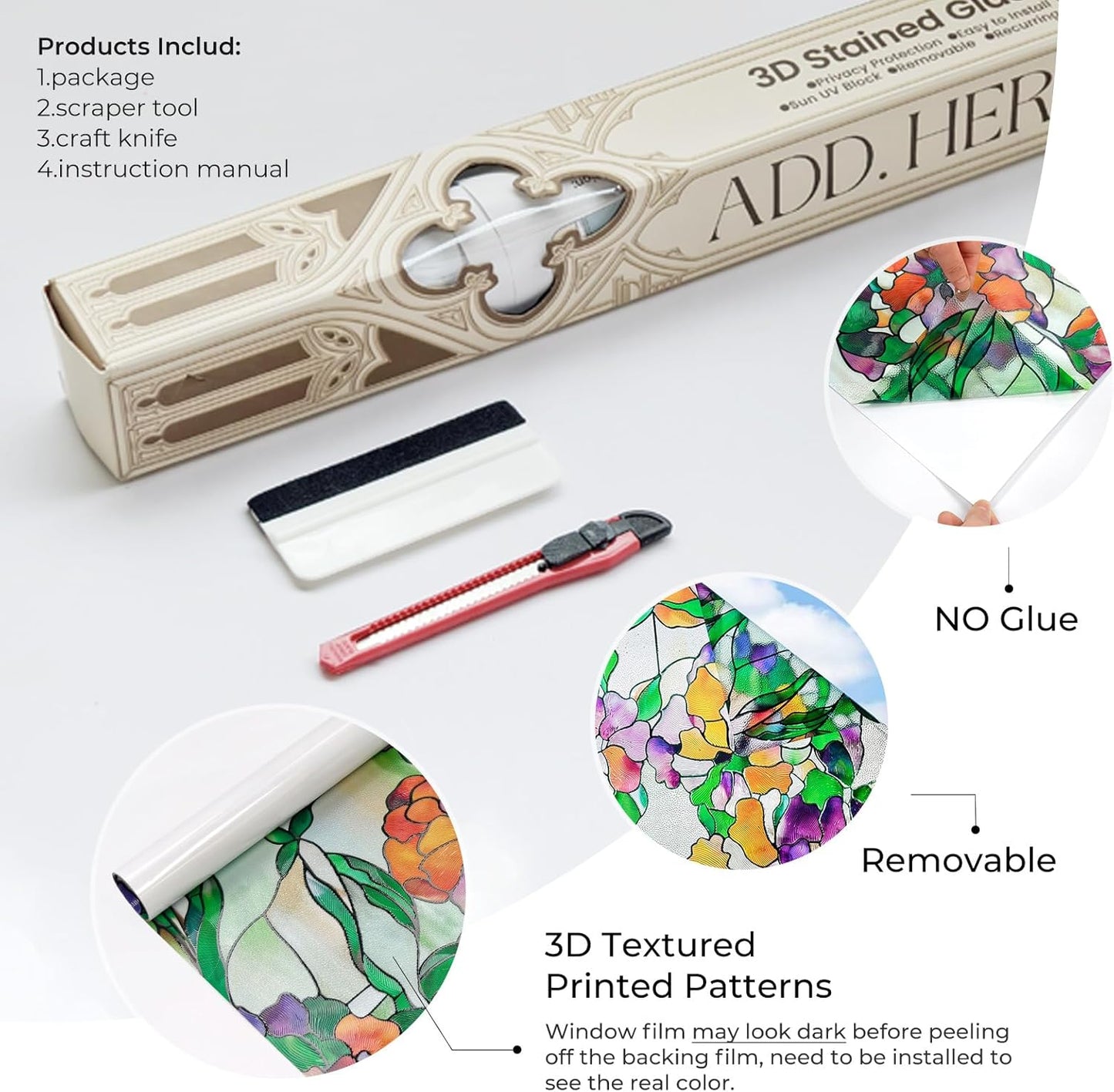 3D Stained Glass Window Film, Decorative Window Privacy Film for Bathroom,Front Door,Home, Sun Blocking Heat Control,Static Cling, Viola Tricolor 23.6inch x 35.4inch