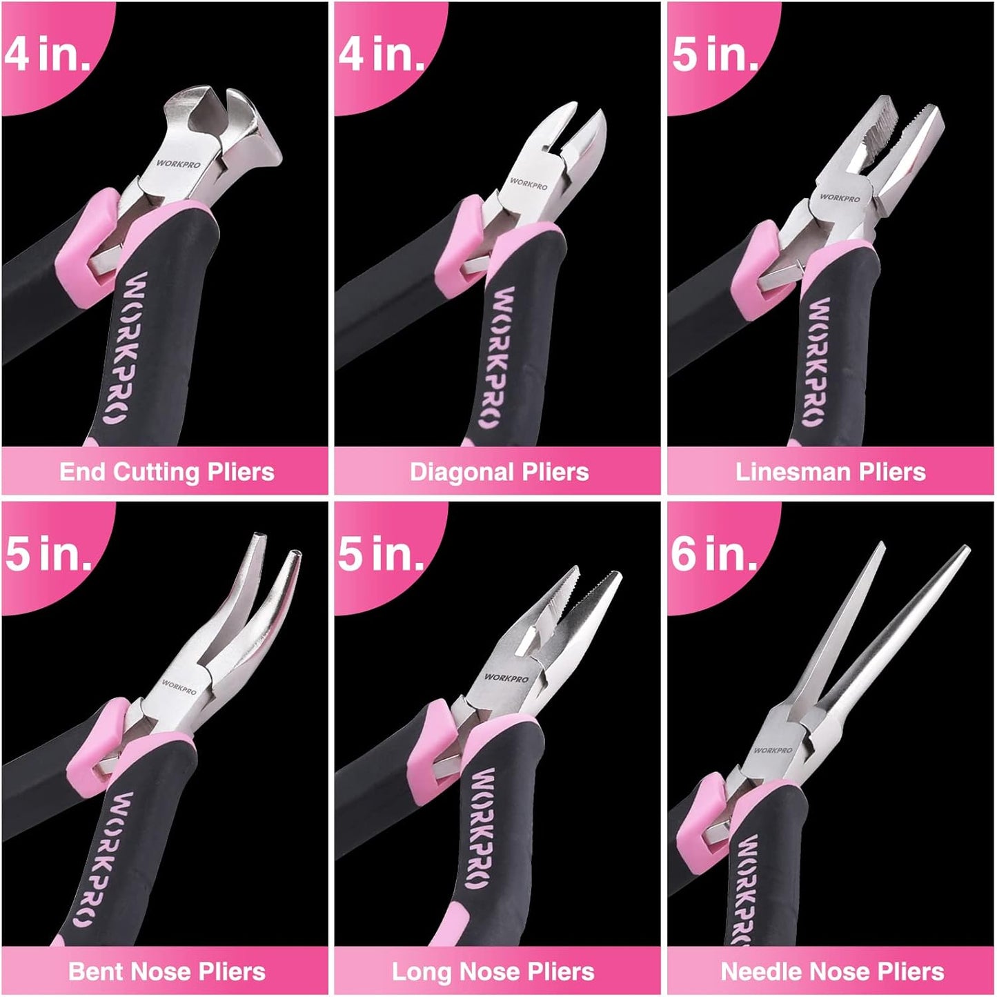 WORKPRO 6-Piece Mini Pliers Set, Needle Nose, Long Nose, Bent Nose, Diagonal, End Cutting and Linesman, for Crafts Work, Electronic Repair, with Pouch - Pink Ribbon