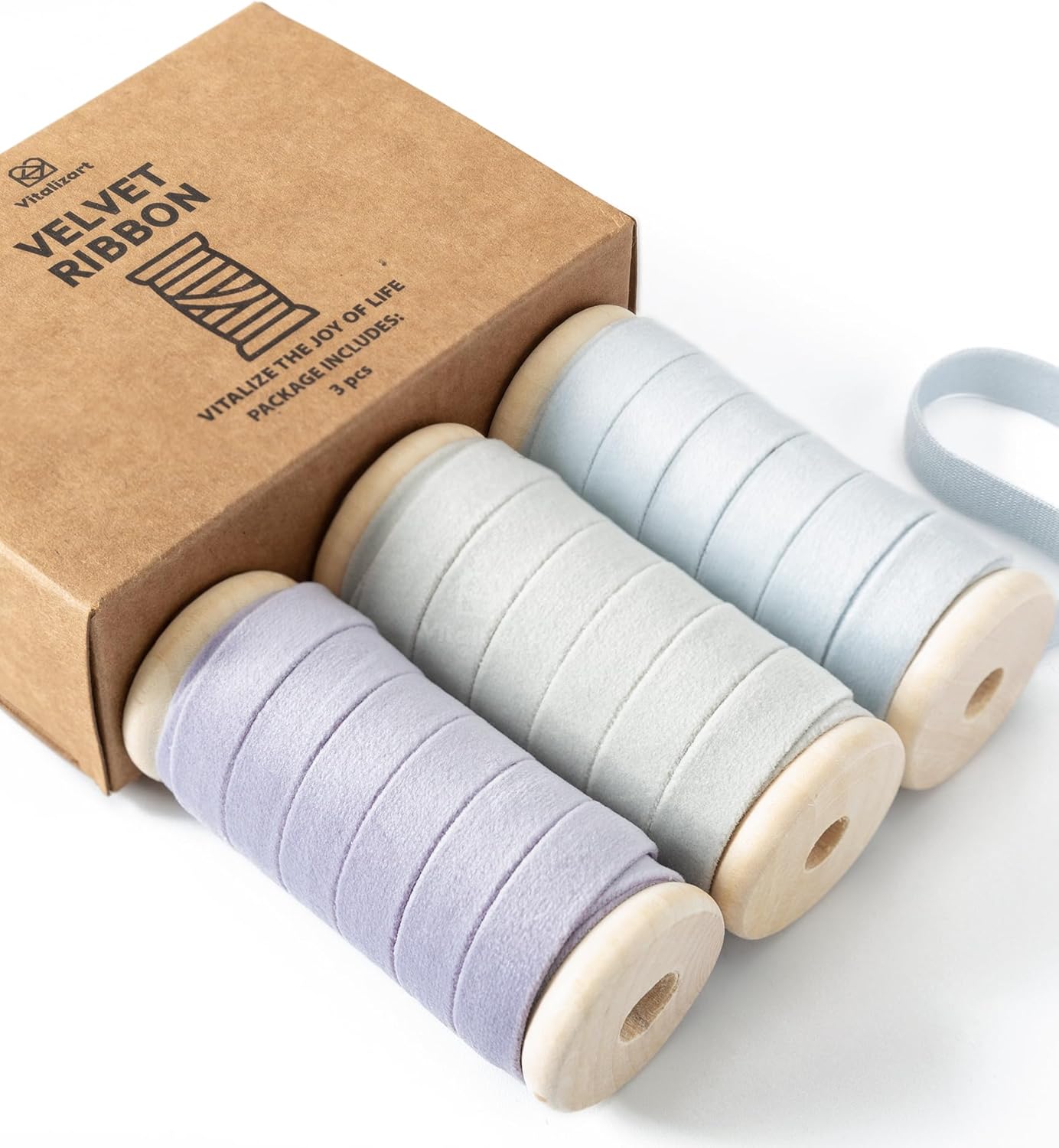 Vitalizart Velvet Ribbon Set 3/8" x 15 Yd Wooden Spool Fabric Trim 3 Rolls * 5 Yd for Christmas Wreath Decoration Handmade Craft Ornaments Gift Wrapping & Bow Making Light Blue Lavender
