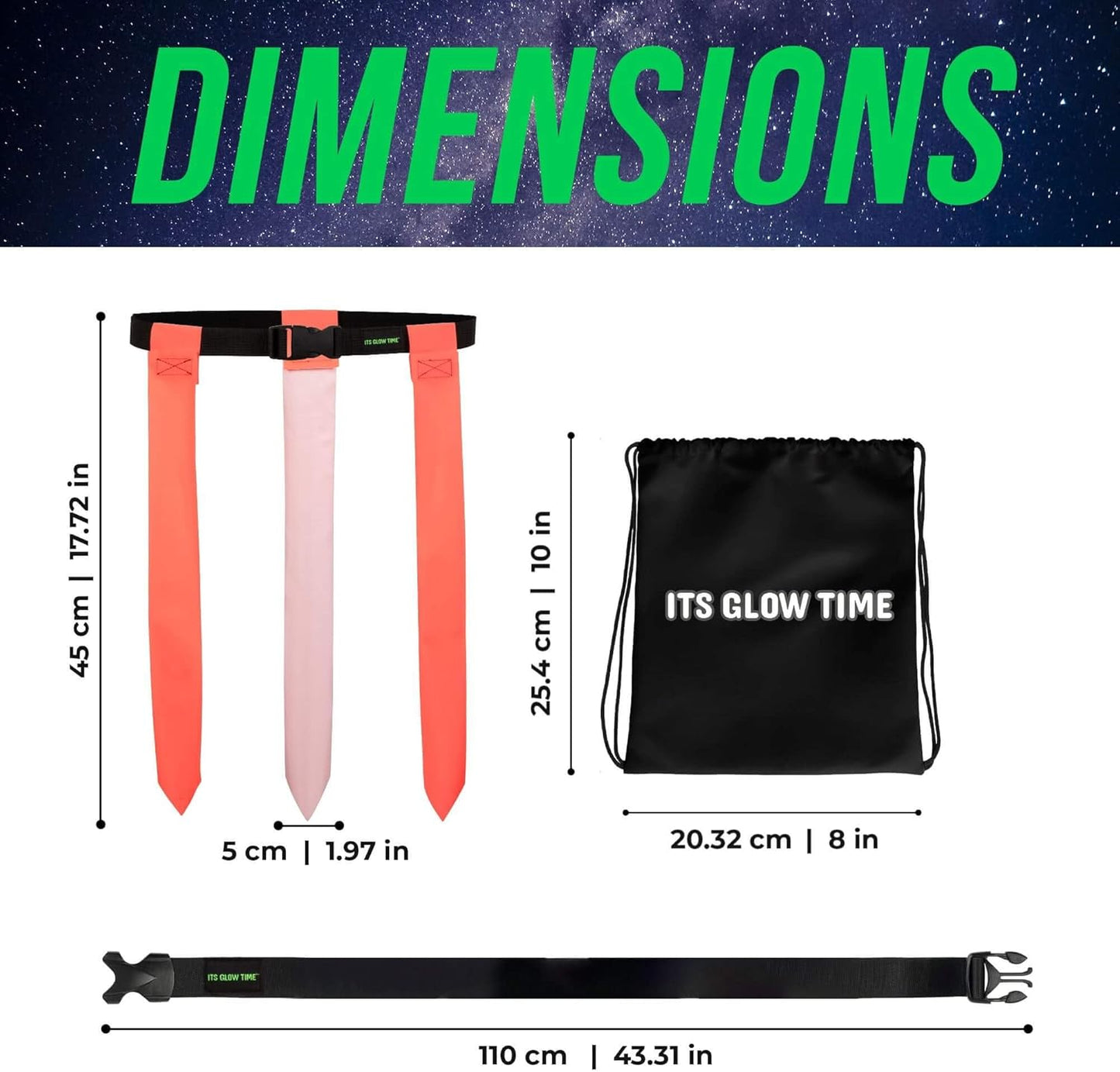 Glow in the Dark Flag Football Belts (Set of 6 with Storage Bag)- Premium Flags for Day or Night- Adjustable Belt Set for Yard Games, Football Party, Glow Party, Camping, Beach Games, Team Building