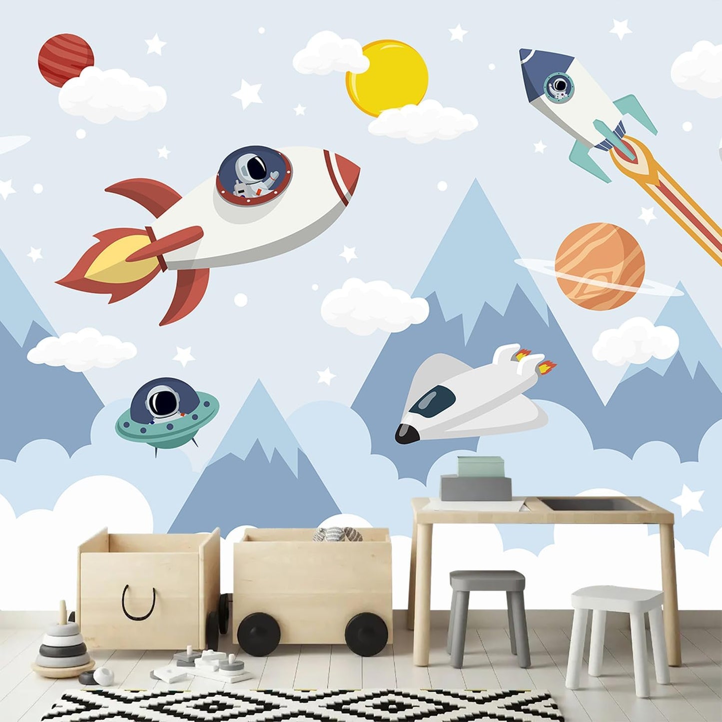 AFZEVEB-Space Mural Hand-Painted Cartoon Wallpaper for Kids Room 136"x96"(Not Peel and Stick)