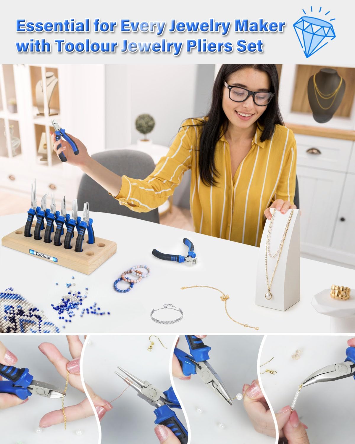 Toolour Jewelry Pliers Set Jeweler Making Tools Kit with Wood Holder,8Pcs Professional Wire Plier for Beading Jewelry Maker DIY Crafting Wrapping Crimping Cutting Repair,Essential Tools for Adults