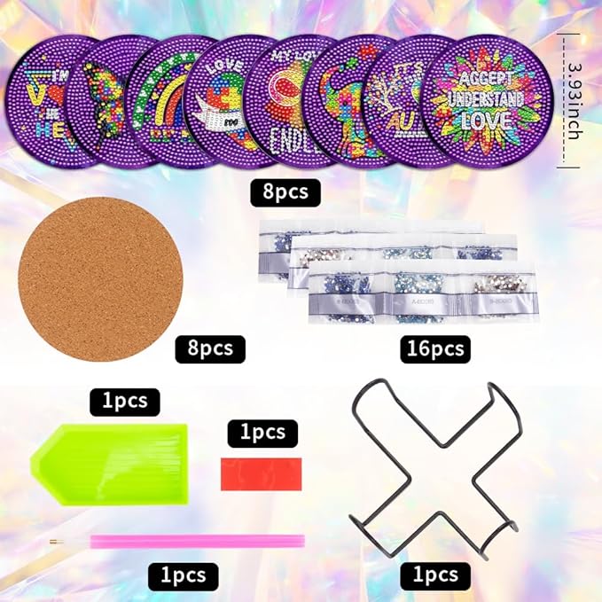 8 Pcs Diamond Art Painting Coasters with Holder, DIY Autism Awareness Diamond Art Coasters for Drinks Diamond Art Painting Kits for Beginners, Diamond Kits Craft Supplies for Adults Kids