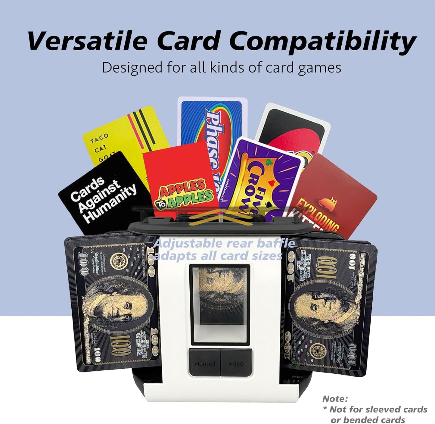 Automatic Card Shuffler,One-Press Auto & Manual Modes,Electric Shuffling for 1-2 Decks,Low Noise,Rechargeable & Portable,Ideal for Poker,UNO,Blackjack,Skip Bo,Phase 10,Crazy 8 (Black)