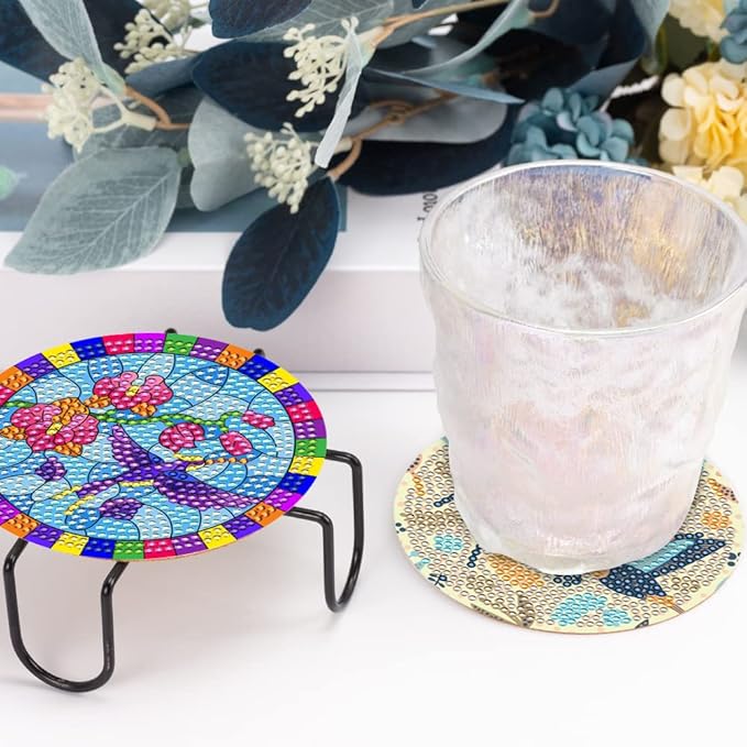 8 Pcs Diamond Art Coasters Kits for Adults with Holder Cork Pads, Hummingbird DIY Diamond Art Dots Painting Coasters Kits for Adults Beginners