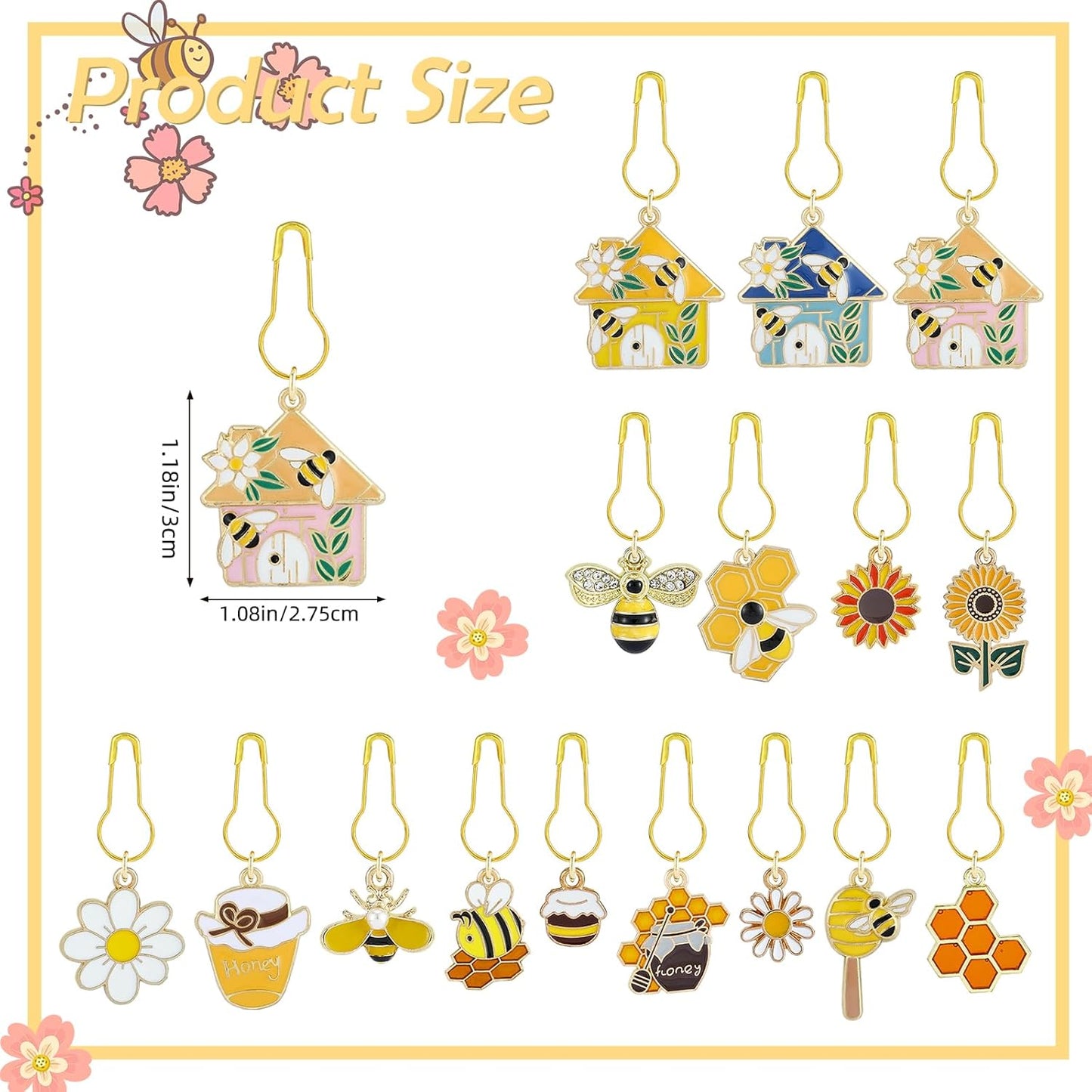 BEEFLYING 16Pcs Bee Honeycomb Stitch Marker Charms, Alloy Enamel Knitting Stitch Marker Charm Pendant for Sewing Crocheting Accessories