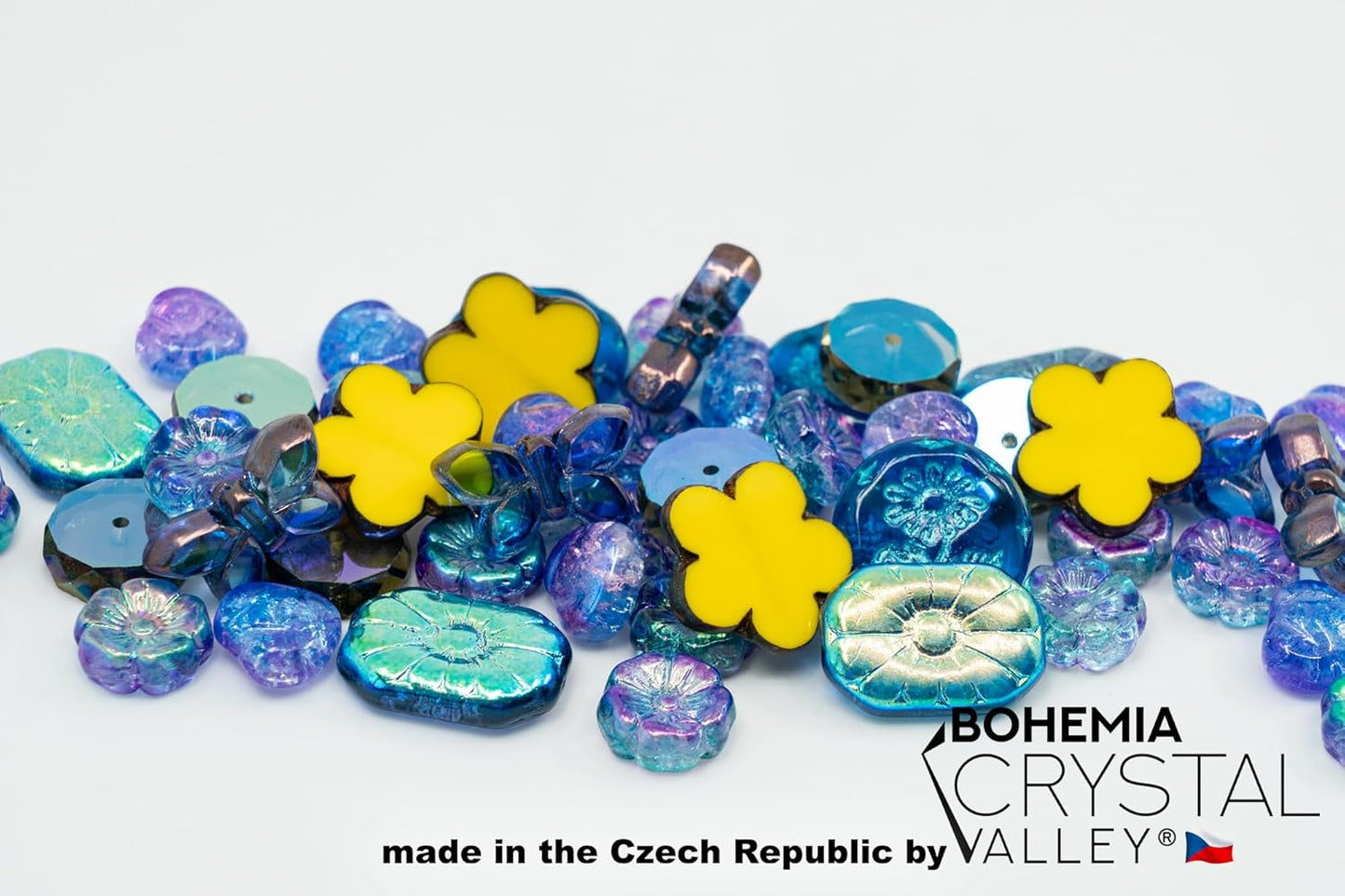 2.1oz (60g) of Focal Glass Bead Mix with Table-Cut Flower and Butterfly Beads, PG Blue