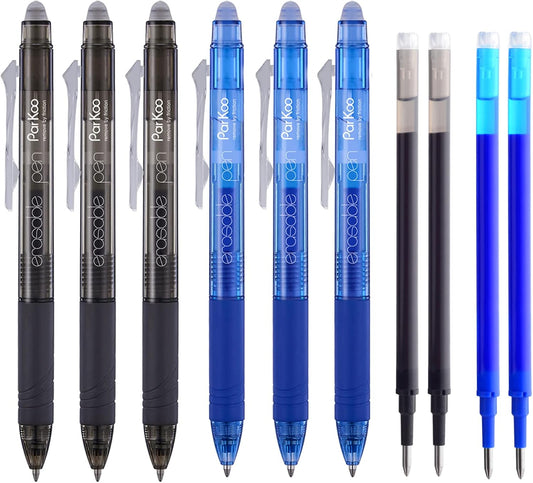 ParKoo Retractable Erasable Gel Pens Clicker Fine Point 0.7 mm, Make Mistakes Disappear, 3 Black/3 Blue Ink Pens with 4 Bonus Refills for Drawing Writing Journaling and Crossword Puzzles