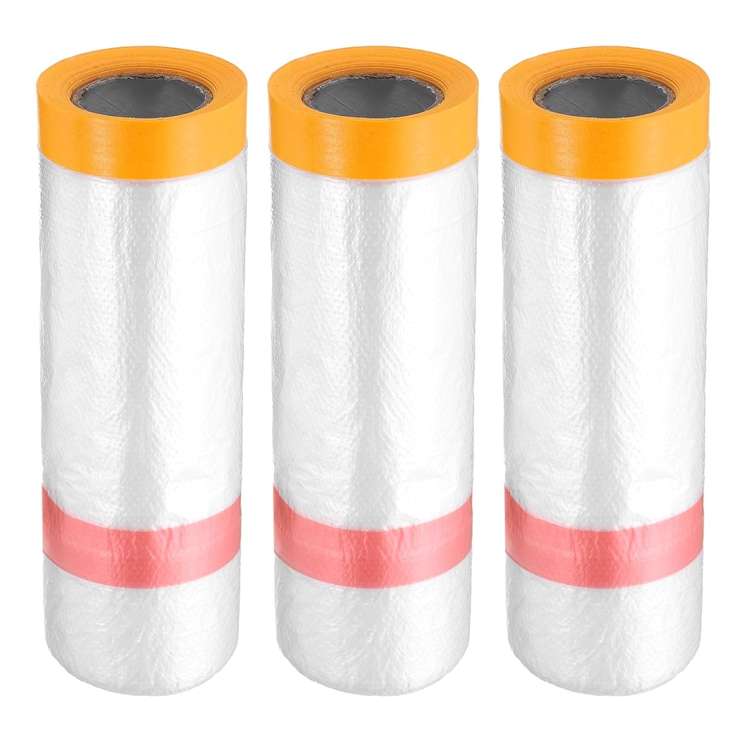 HARFINGTON 3 Rolls Pre-Taped Masking Film 43.3" x32.8ft Double Adhesive Tape and Drape Painters Plastic Drop Cloth Film with Tape Plastic Sheeting for Automotive Painting Covering