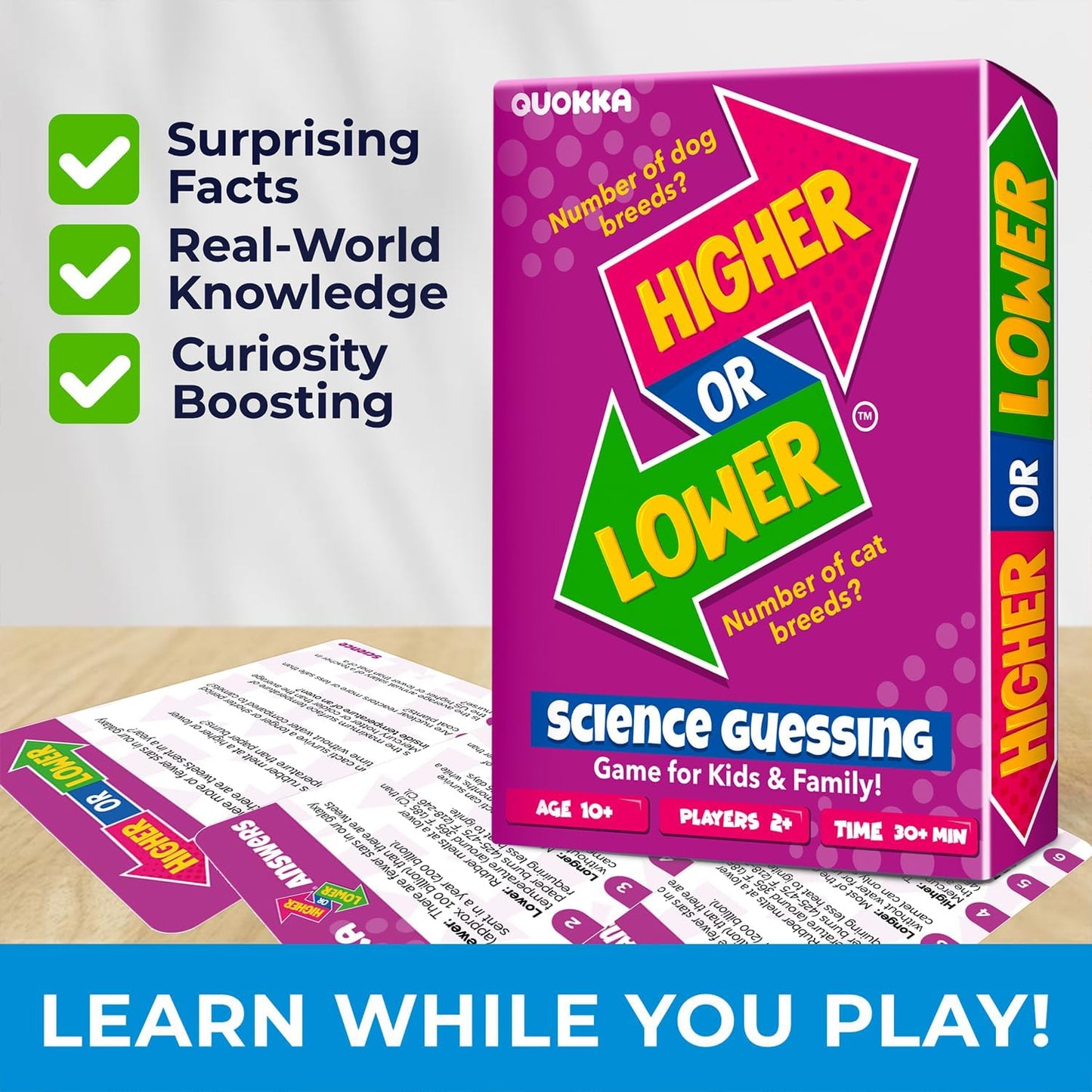 QUOKKA Trivia Board Games for Kids and Adults - Version V2.0 - Family Night Science Games 4xSet Higher or Lower Trivia Cards | Guess Fun Questions | 2 + Players - Challenge Your Science Knowledge