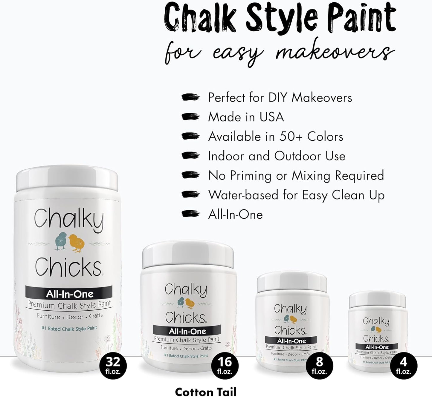 Chalky Chicks All-in-One Chalk Paint for Furniture or Cabinet - 8 Fl Oz - Matte Finish CottonTail White for Metal, Wood Furniture Paint - No Sanding All-in-One for Home Decor & Crafts, USA Made