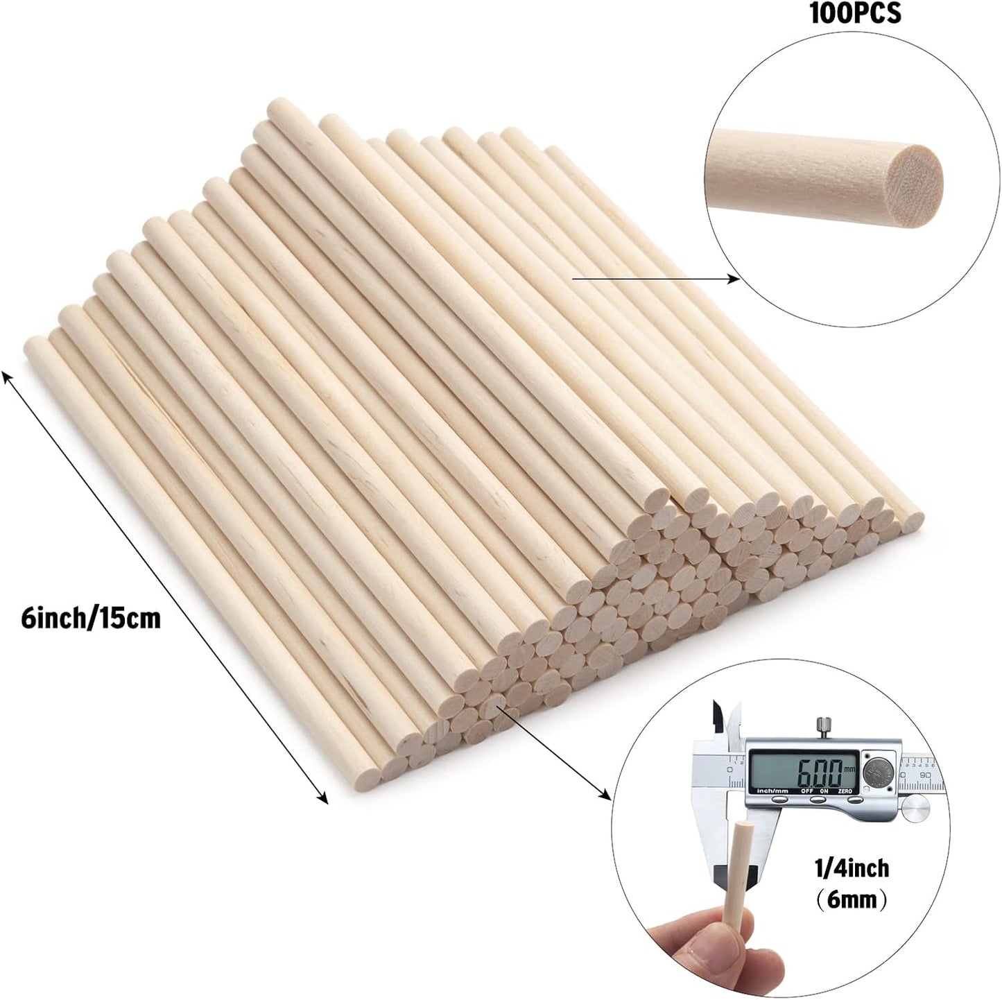Wood Dowels Wooden Dowel Rods, 100PCS 1/4 x 6 Round Wooden Sticks for Arts and Crafts, Small Unfinished Hardwood Sticks for DIYers Crafting, Cake Support, Lollipop, Photo Booth Props, Home Decor