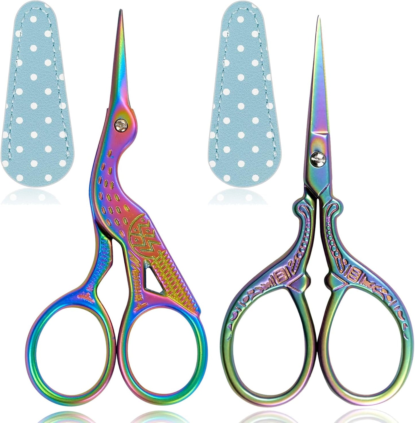 BIHRTC Rainbow Embroidery Small Precision Stainless Steel Scissors with Leather Cover DIY Tools Shears for Crochet Sewing Crafting Art Work Threading Needlework Knitting