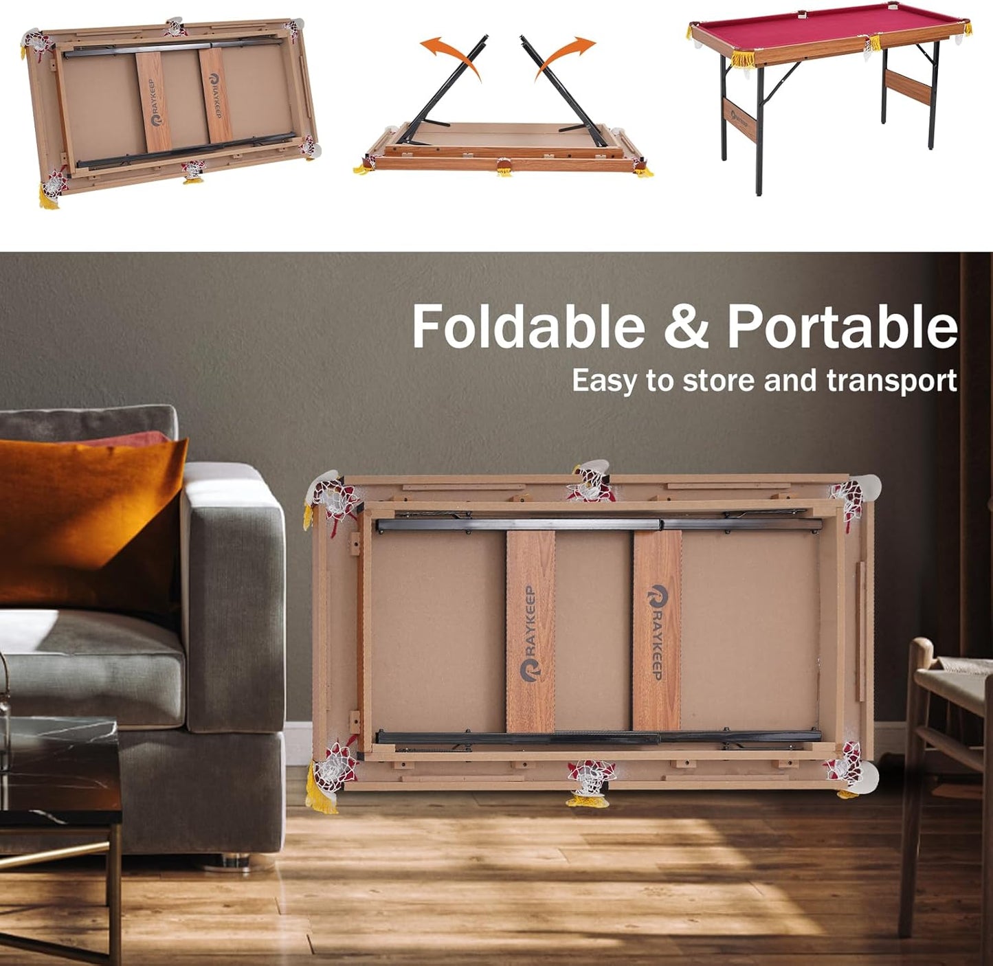 54" Portable Pool Table - Billiard Table for Kids & Adults with 2 Cues, Triangle Rack, Chalk & Brush - Compact Wooden Game Table for Home, Game Room, Indoor & Outdoor