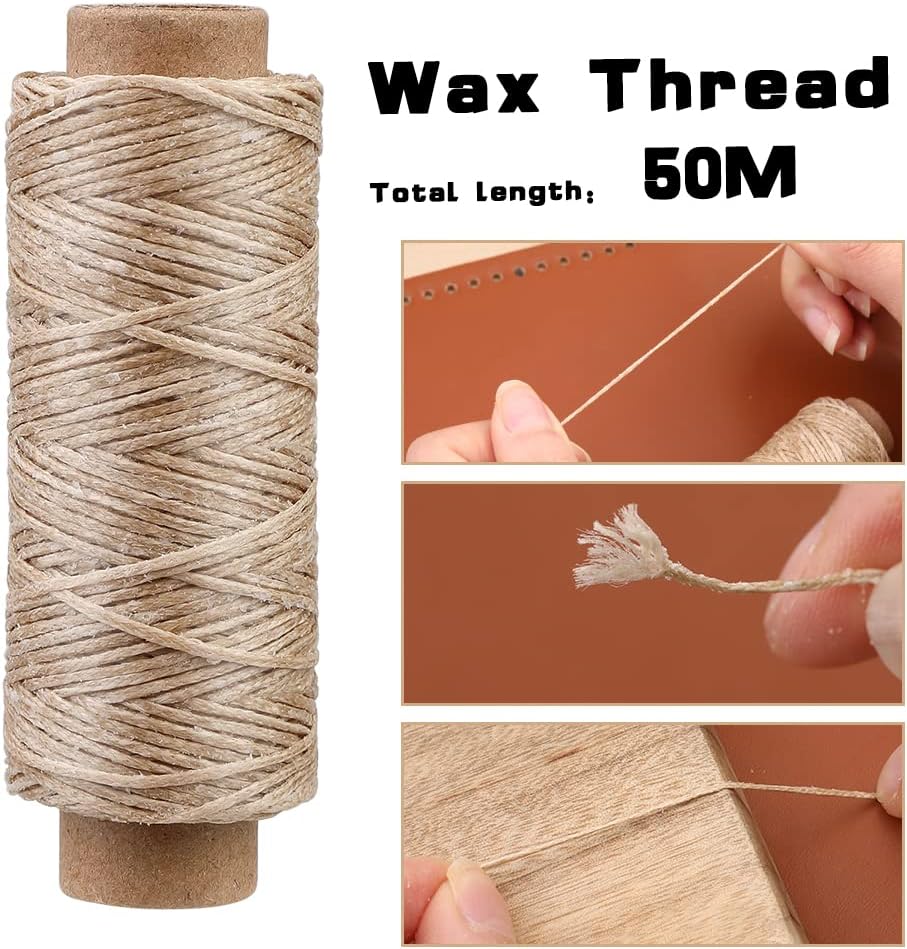 Ftyiwu Waxed Thread 55 Yards, Leather Sewing Waxed Thread with Upholstery Needles Hand Sewing Needles for Home Upholstery Carpet Leather Canvas Repair and Sewing (Khaki)