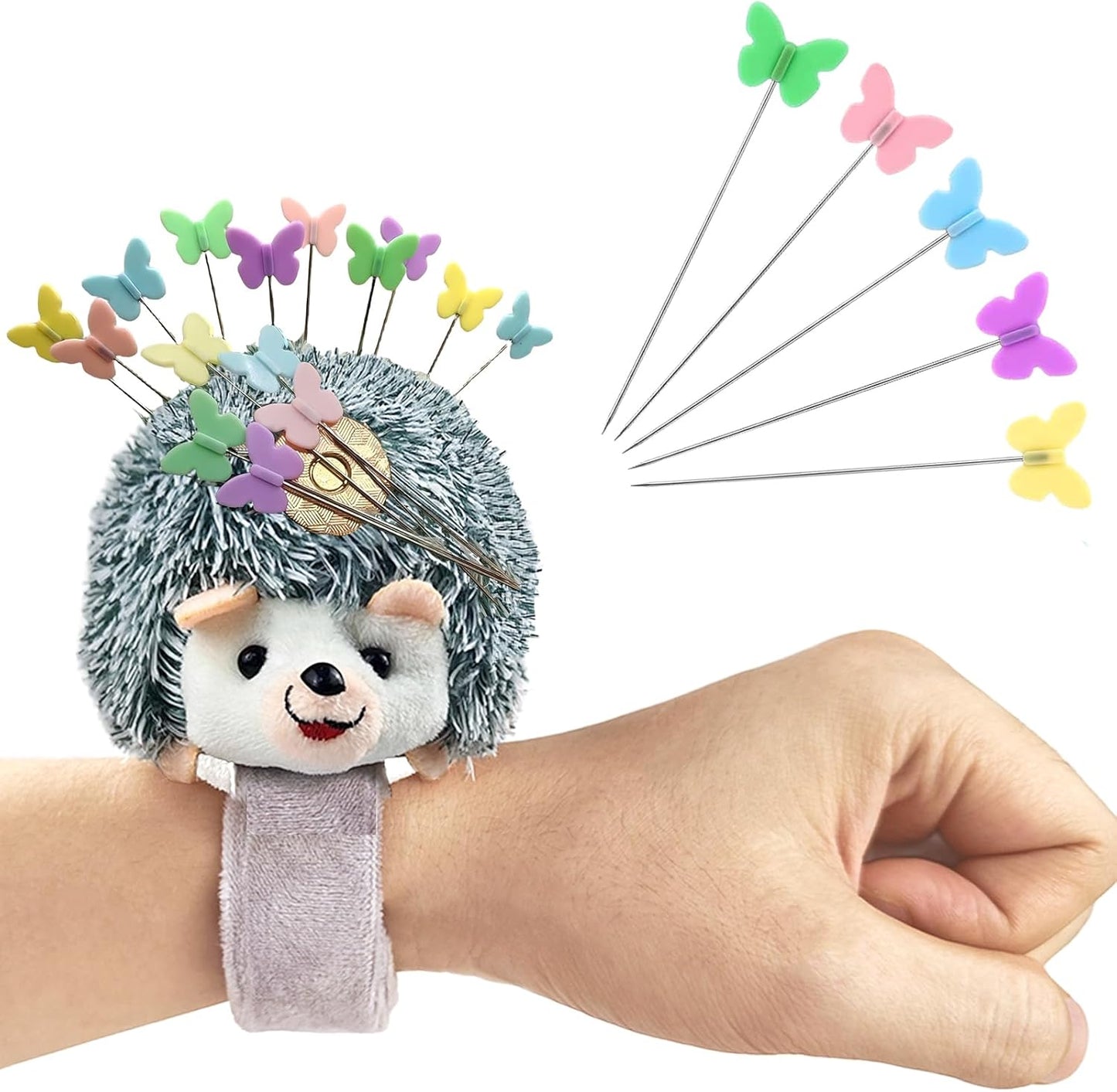 Cute Hedgehog Wrist Pin Cushion for Sewing with Magnetic, Snap Bracelet Wrist Bands for Pins and Needles Include 50 Lovely Butterfly Straight Pins.