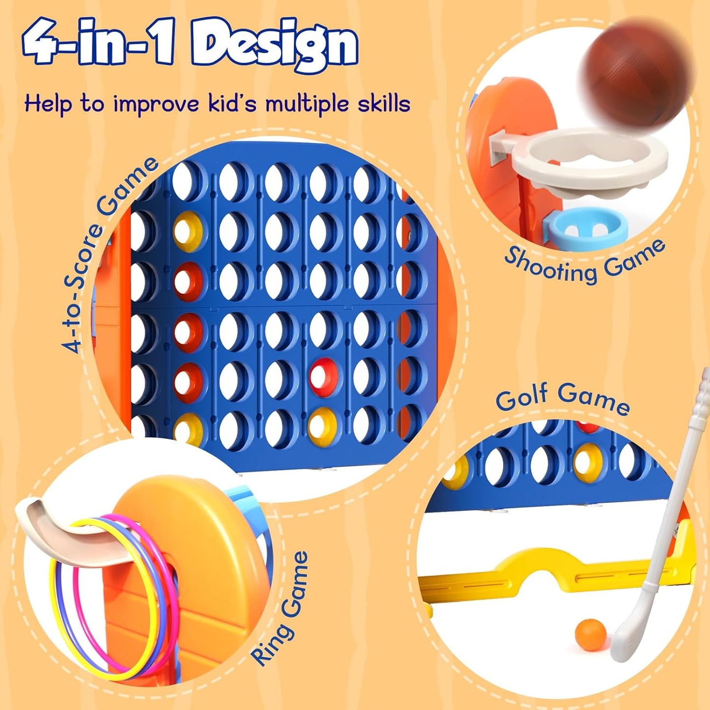 Ancaixin Giant 4 in-A-Row Connect Game Set, Adjustable Height Jumbo Yard Game with Basketball Hoop, Golf, Mesh Pocket & Ring Toss, Indoor Outdoor Family Backyard Party Game for Kids and Adults, Blue