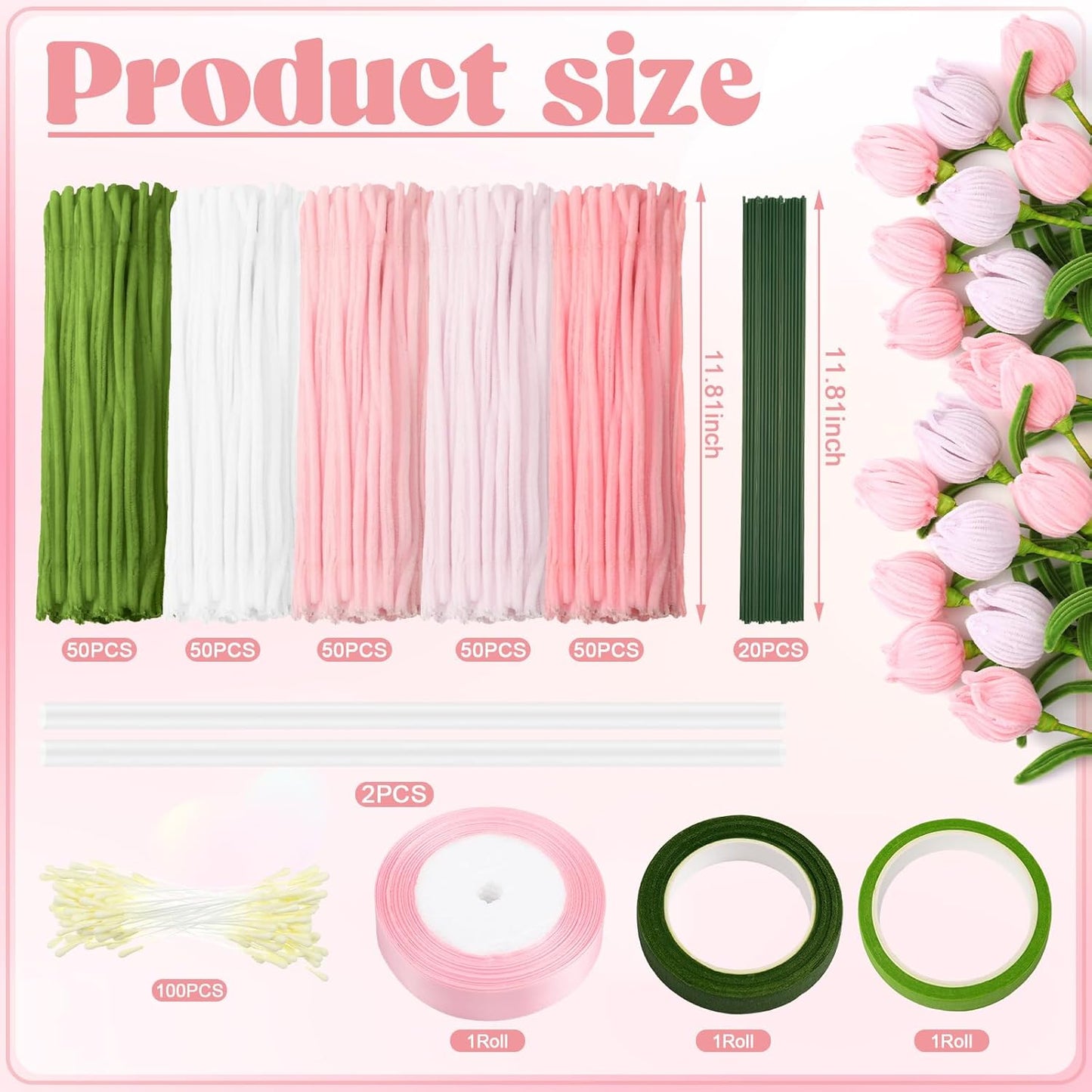 HairChrysm 250Pcs Pipe Cleaners Craft with 20Pcs 11.8in Flower Stems,100Pcs Flower Stamens,2Pcs Floral Tape,1 Roll Ribbon for DIY Pipe Cleaner Flowers