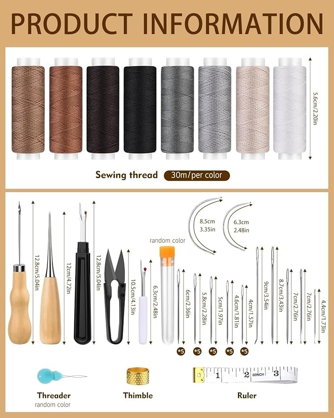 BAGERLA Upholstery Repair Kit, 50 Pcs Heavy Duty Sewing Kit with 8 Colors Thread 32 Pcs Upholstery Needles, Sewing Awls for Hand Stitching Car Sofa Shoe Backpack Craft DIY