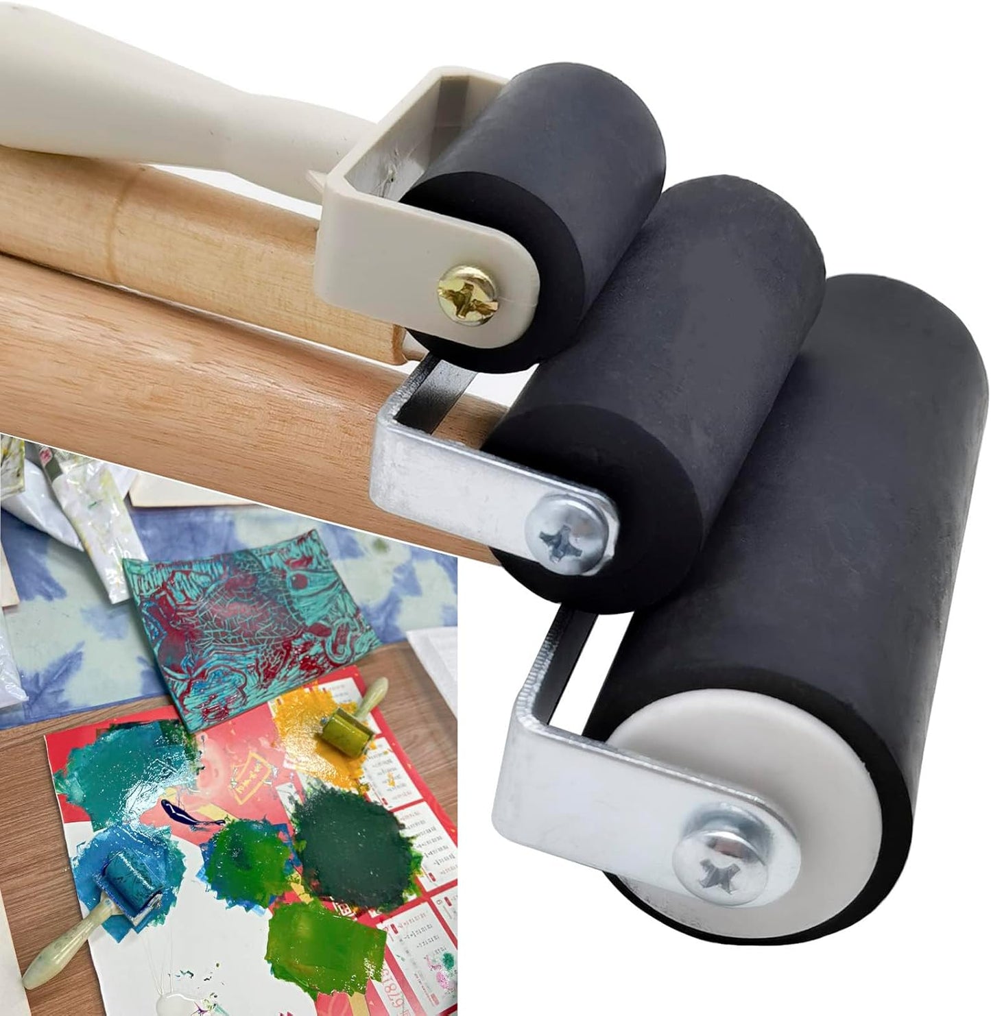 HRJZF 3 Pack Rubber Brayer Roller for Printmaking, Great for Gluing Application Also. Anti Skid Tape Construction Tools, Print, Ink and Stamping Tools 4 Inch