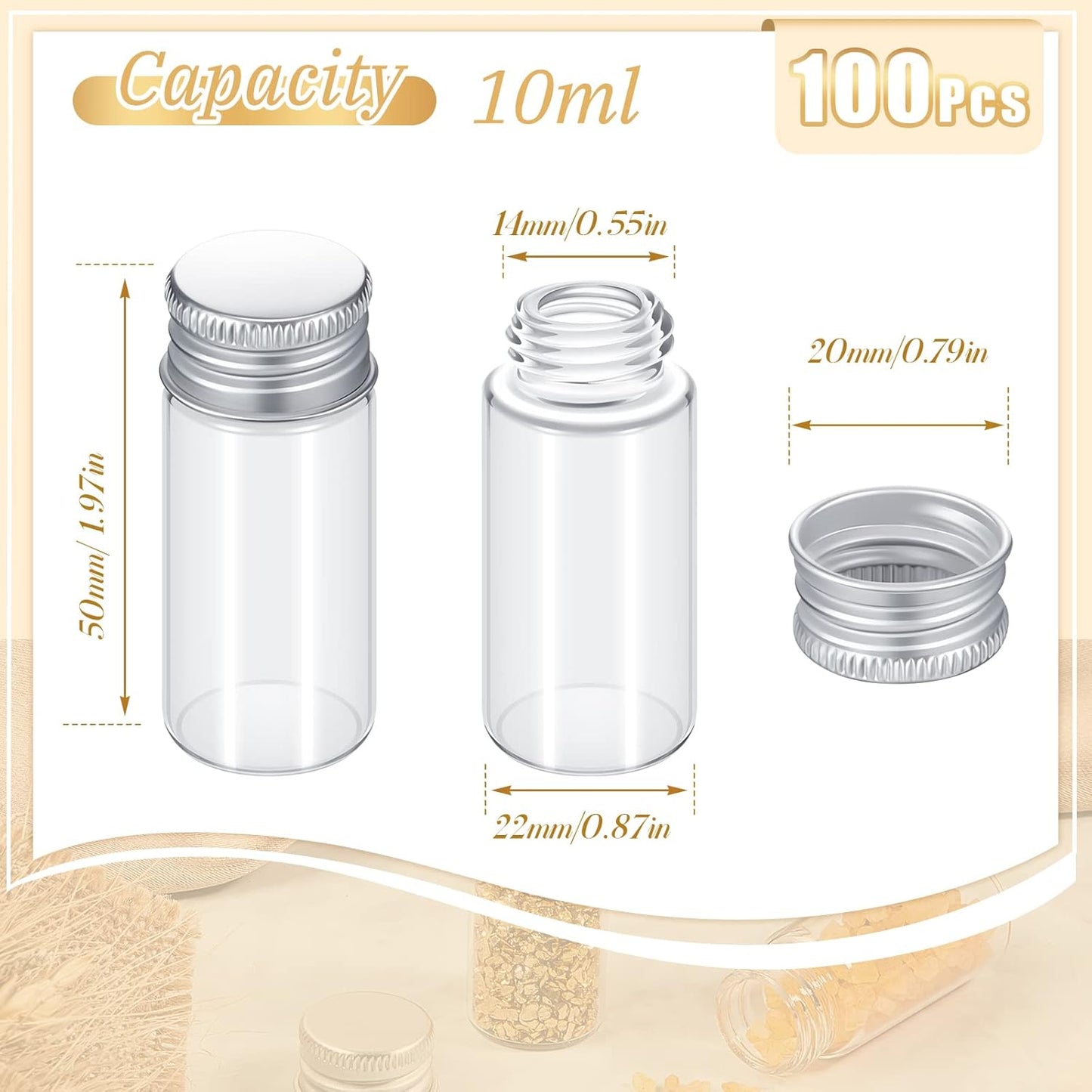 100 Pcs Small Clear Vials Spice Mini Jars with Lids Mini Glass Bottles with Screw Aluminum Metal Caps Tiny Jars Sample Containers for Powder Cream Cosmetic Jewelry Wedding (10 ml,Silver Caps)