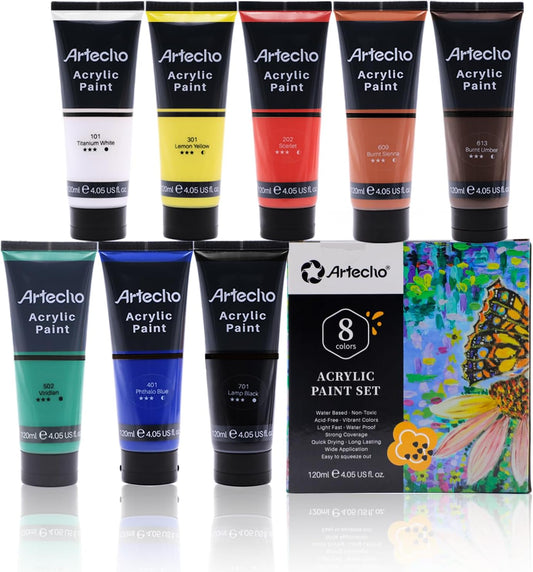 Artecho Professional Acrylic Paint Set, 8 Primary Colors (120ml / 4.05oz) Tubes, Art Craft Paints for Canvas, Rock, Stone, Wood, Fabric, Art Supplies