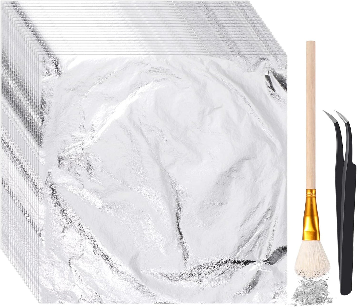 Cunhill 200 Pcs Gold Leaf Sheets for Art Foil Paper Leaf Art Foil Sheets Gilding Brush Thin Paper Craft for Painting Gilding Crafting Decoration,5.5 x 5.5 Inches(Silver)