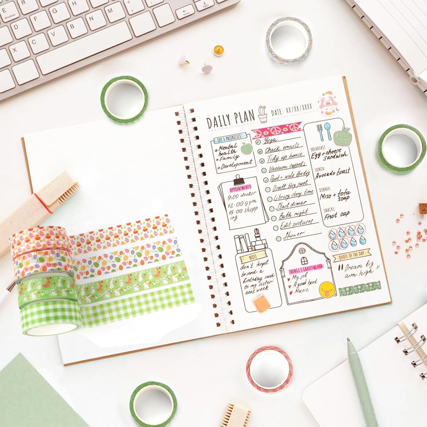 12 Rolls Summer Washi Tape, Green Plaid Colorful Floral Masking Tape, Cute Animal Decorative Sticker for Summer Scrapbook Journal DIY Craft Birthday Gift Wraps 16.4FT