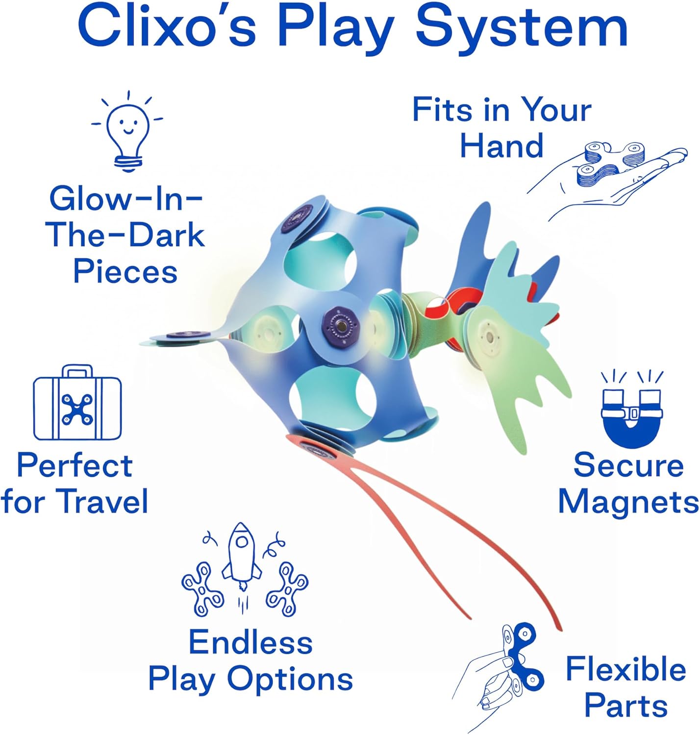 Clixo Ocean Creatures Pack - Glow-in-The-Dark Magnetic Building Toy - 24 Flexible Magnet Pieces for Underwater Adventure. Imaginative STEM Toy. Screen Free Kids Gift & Travel. Ages 6+ [New]