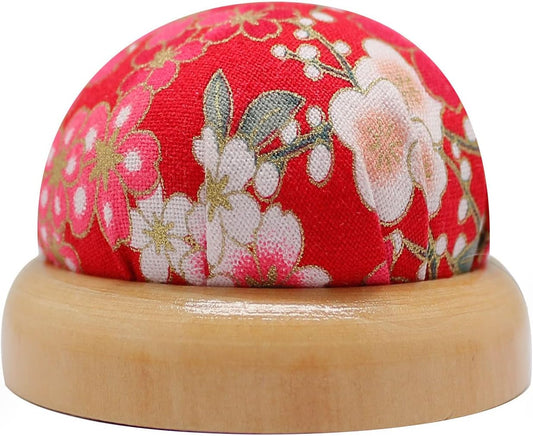 Fbshicung Wooden Base Pin Cushions Japanese Style Pin Holder Handmade DIY Sewing Tools Needle Pincushions Cute Needle Holder Round Clip Holder Sewing Accessories(Red)