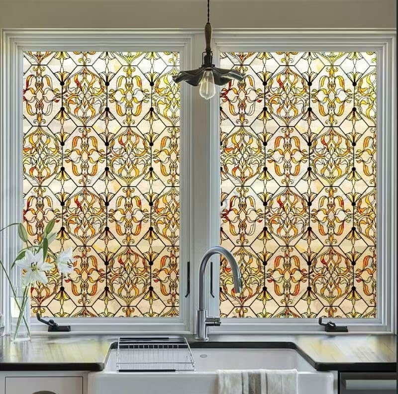 3D Stained Glass Window Privacy Film, Heat Control UV Blocking Static Cling Decorative Window Film for Bathroom,Front Door,Home Non Adhesive,GiltGaze 16.9 x 78.7 inches