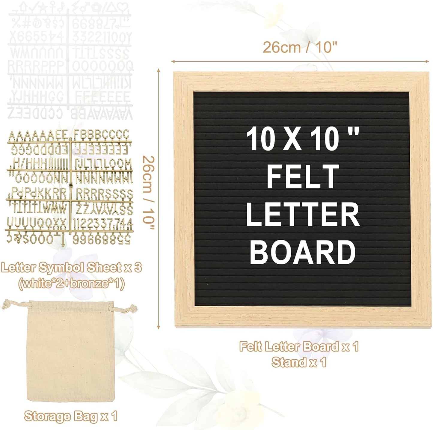 PATIKIL Felt Letter Board, 10x10Inches Black Wooden Changeable Message Board with Storage Bag Stand for Kitchen Menu Classroom Farmhouse Decor Notes, White Bronze Letter