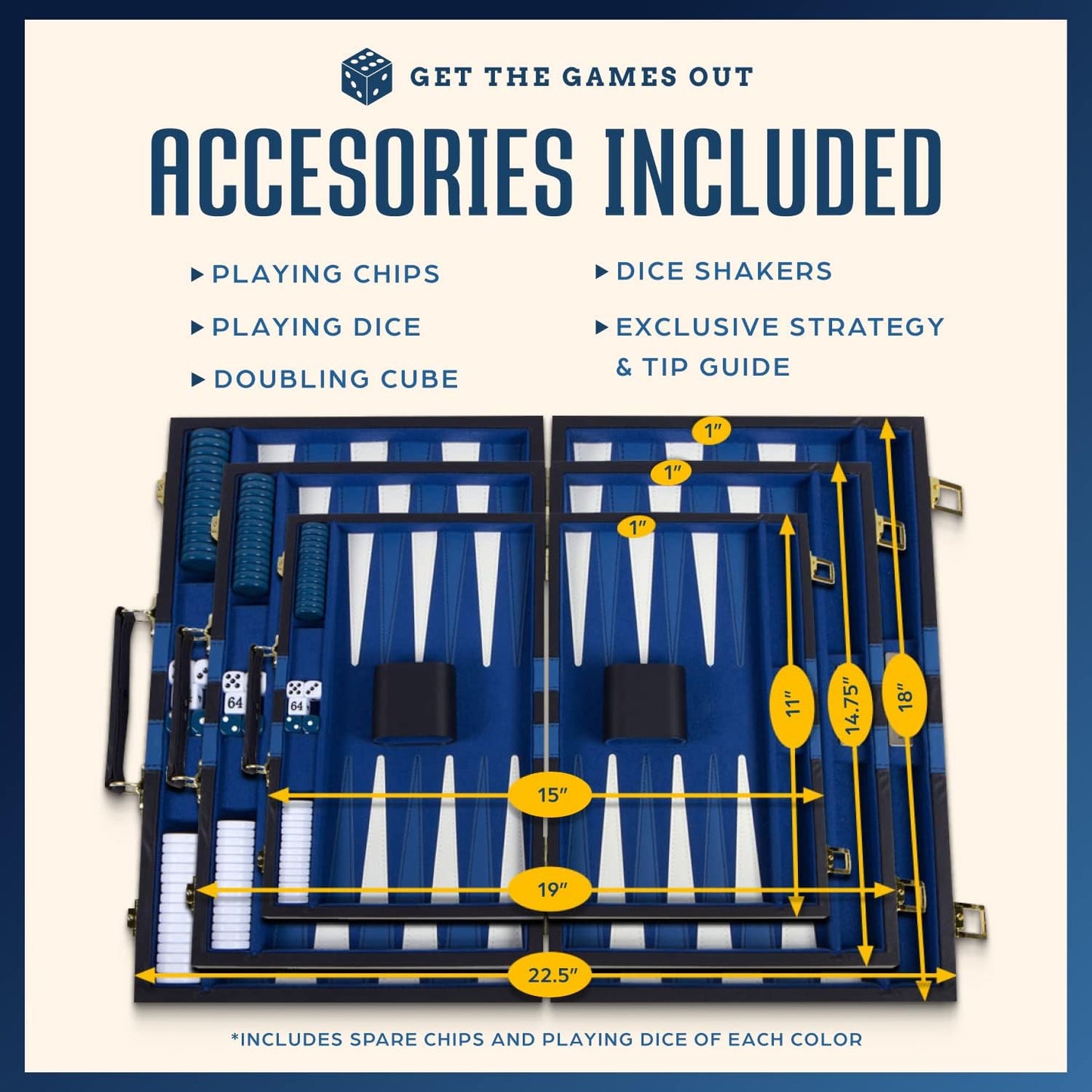 Get The Games Out Top Backgammon Set - Classic Board Game Case 15" Medium Size - Best Strategy & Tip Guide - Available in Small, Medium and Large Sizes (Blue, Medium)