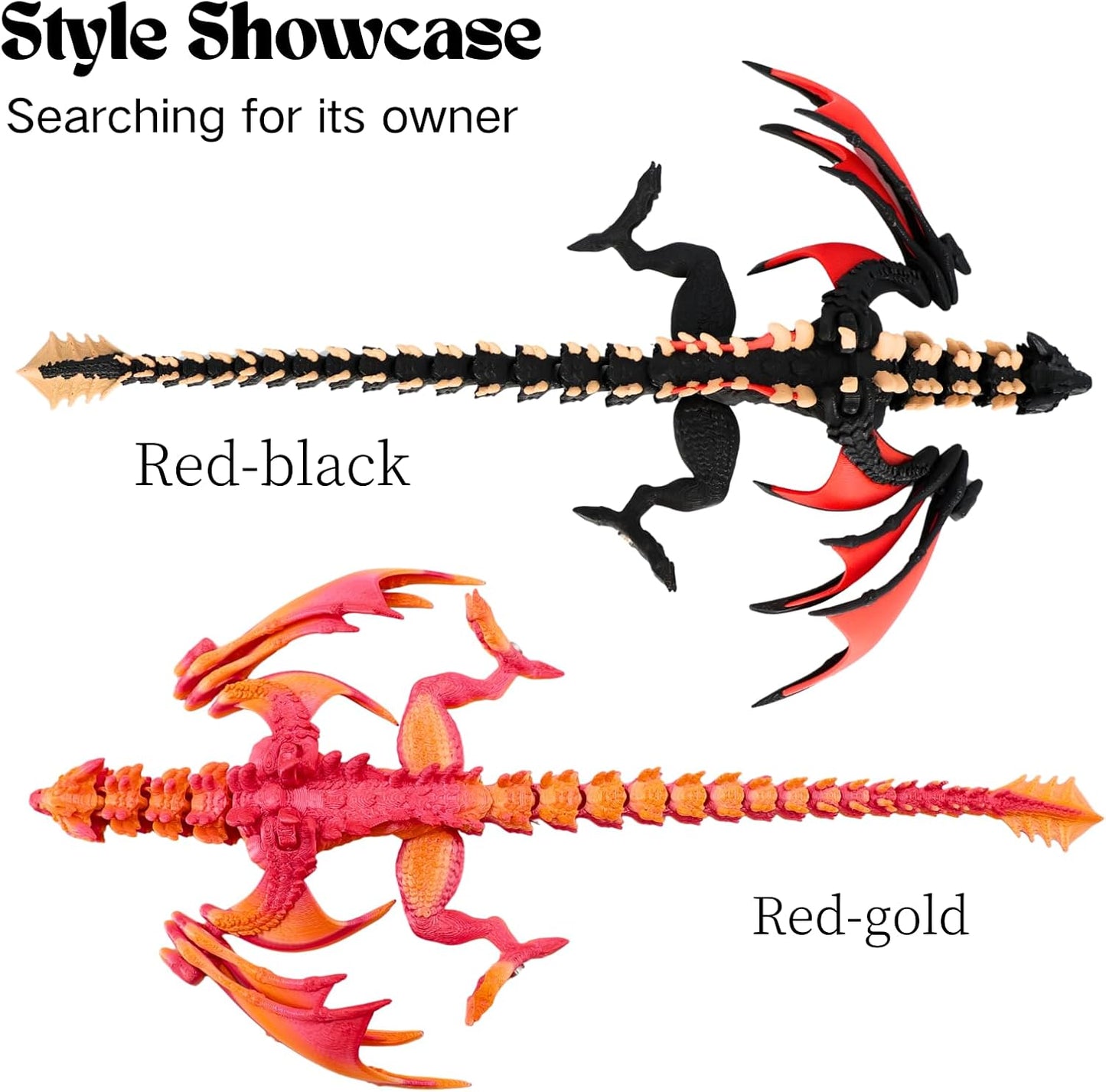 3D Printed Dragon - 12 inch Flying Flexible Dragon with Wings, Home Decor, Birthday Gift, Desk Pet(Red Black-Dragon)(Red Gold-Dragon)