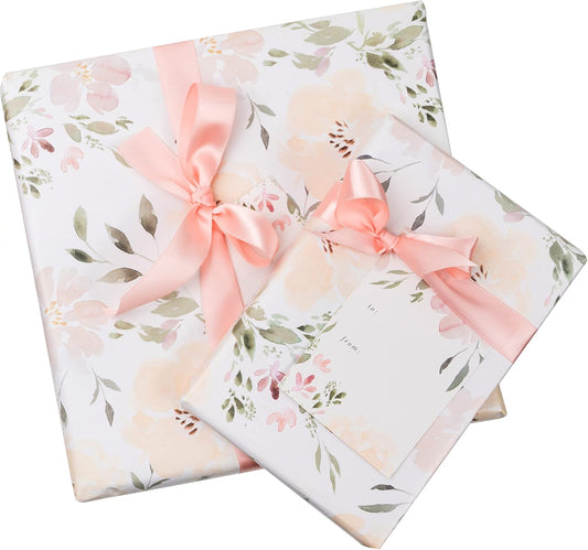 Itsy Belle Studio Floral Wedding Wrapping Paper sheets + Ribbon Set with Tags - White Gift Wrap, Pink Floral, Boho Bridal Shower