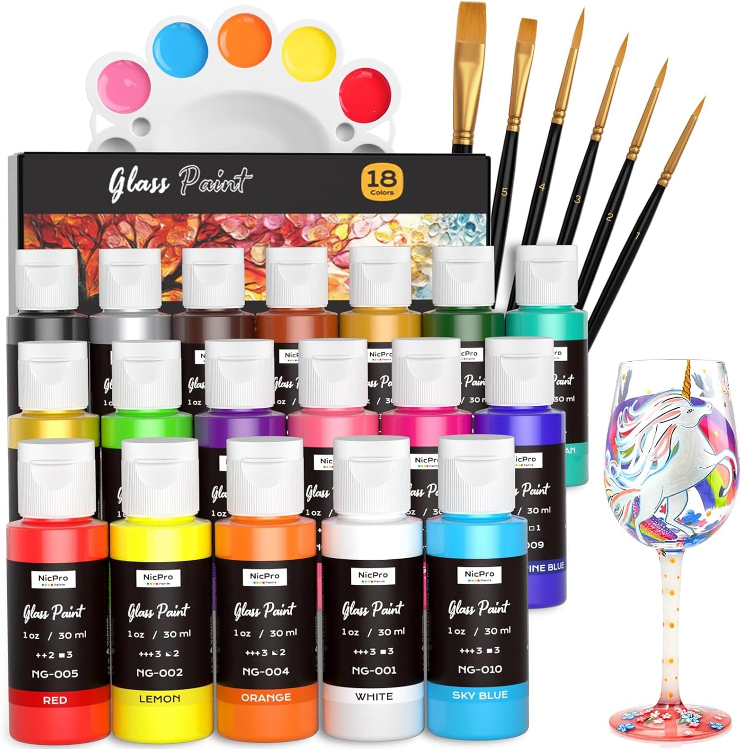 Nicpro 18 Colors Stained Glass Paint Set, 1oz / 30ml Waterproof Acrylic Enamel & Ceramic Glass Painting Kit for Arts on Transparent Wine Glasses Jars Windows with 6 Brushes & 1 Palette, Opaque Finish