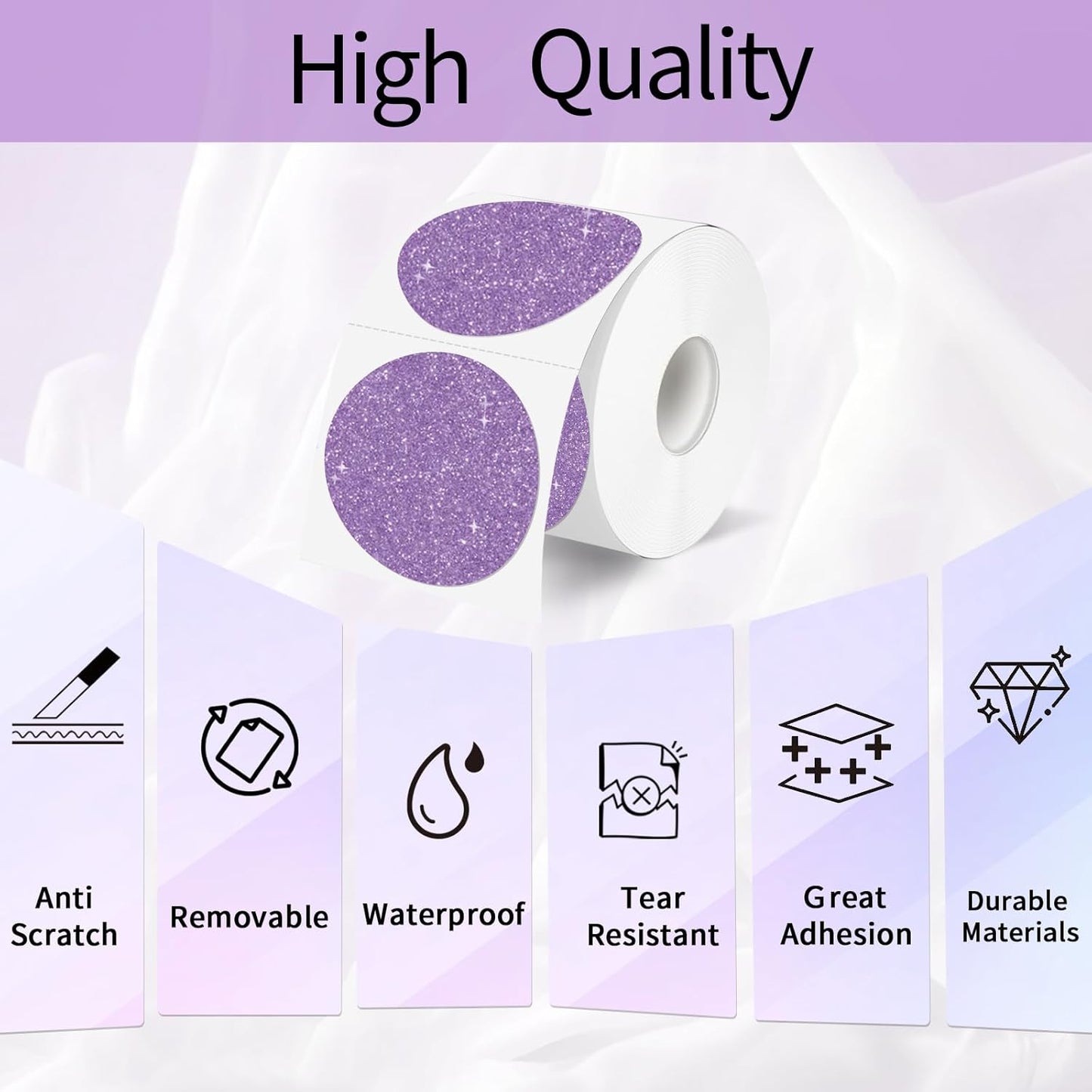2" Holographic Thermal Label Stickers, Round Direct Thermal Label Stickers, Glitter Thermal Printer Sticker Labels for Gift Wrapping, Perforation Line Design- Glitter Purple