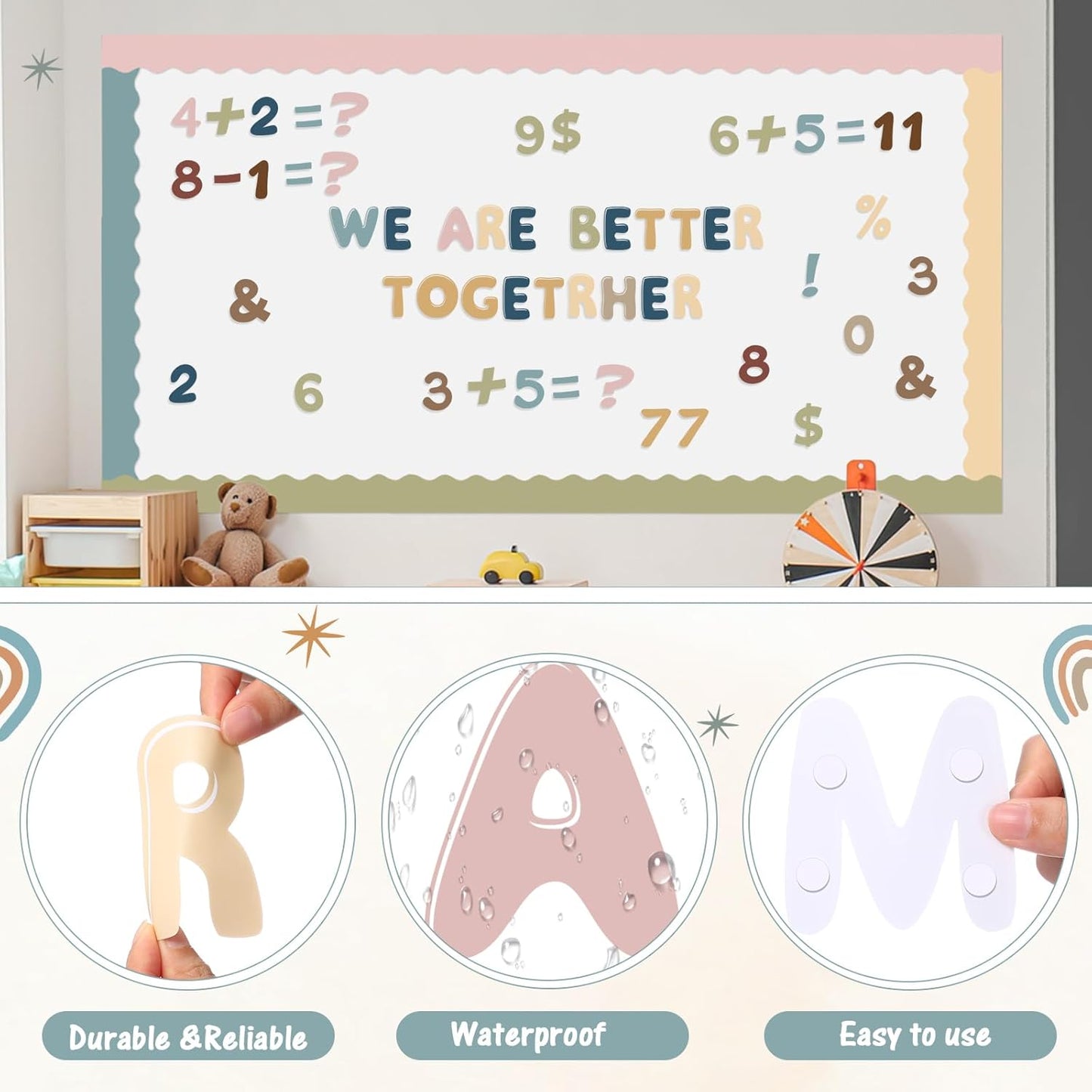 221 Pcs Bulletin Board Letters Round Alphabet Number Punctuation Symbol Combo Letter Cutouts Classroom Decoration for School Classroom Chalkboard Poster Board(Boho Round)