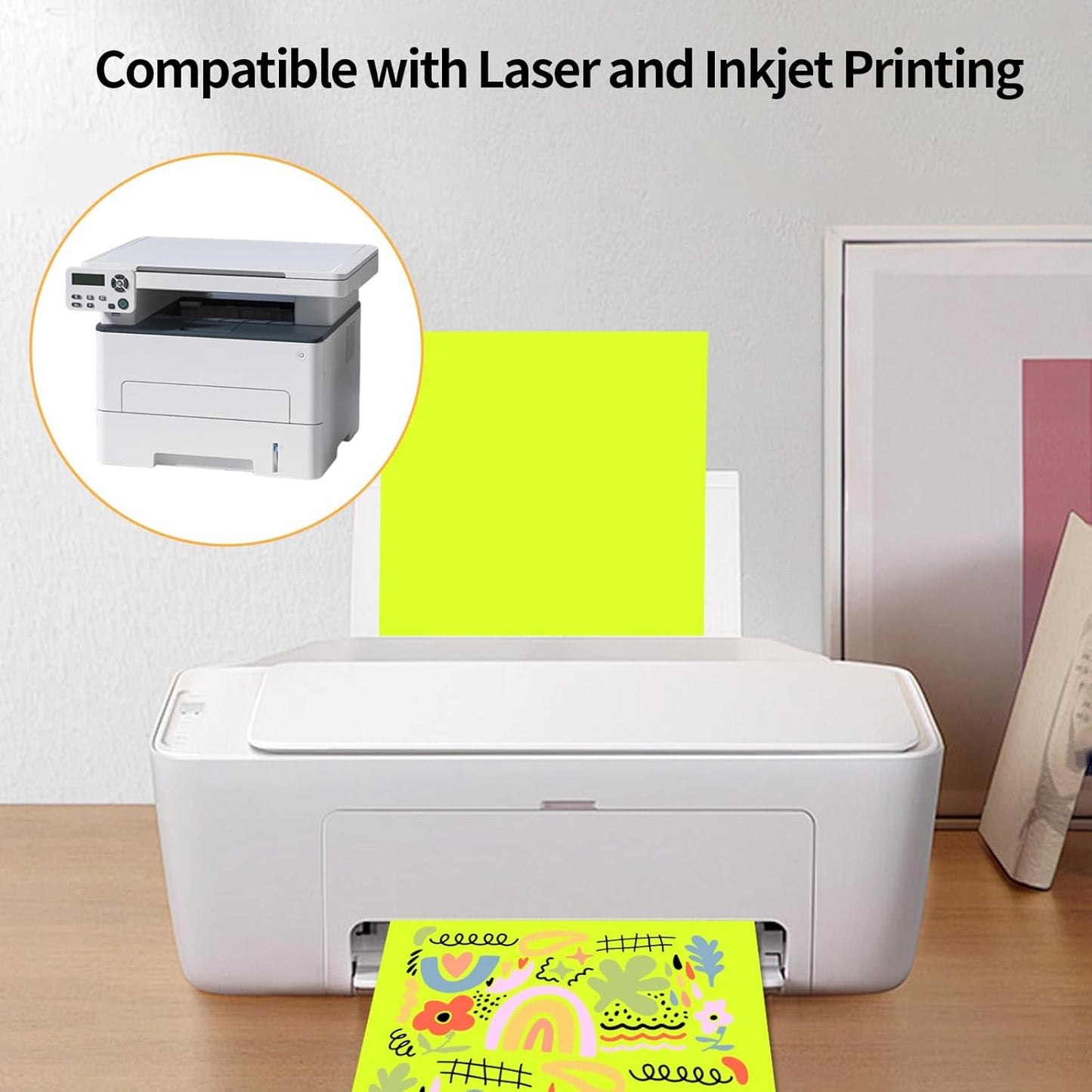 Neon Yellow Sticker Paper Labels for Laser & Inkjet Printer, Fluorescent Yellow Printable Sticker Paper- Matte, Letter Size 8.5" x 11"