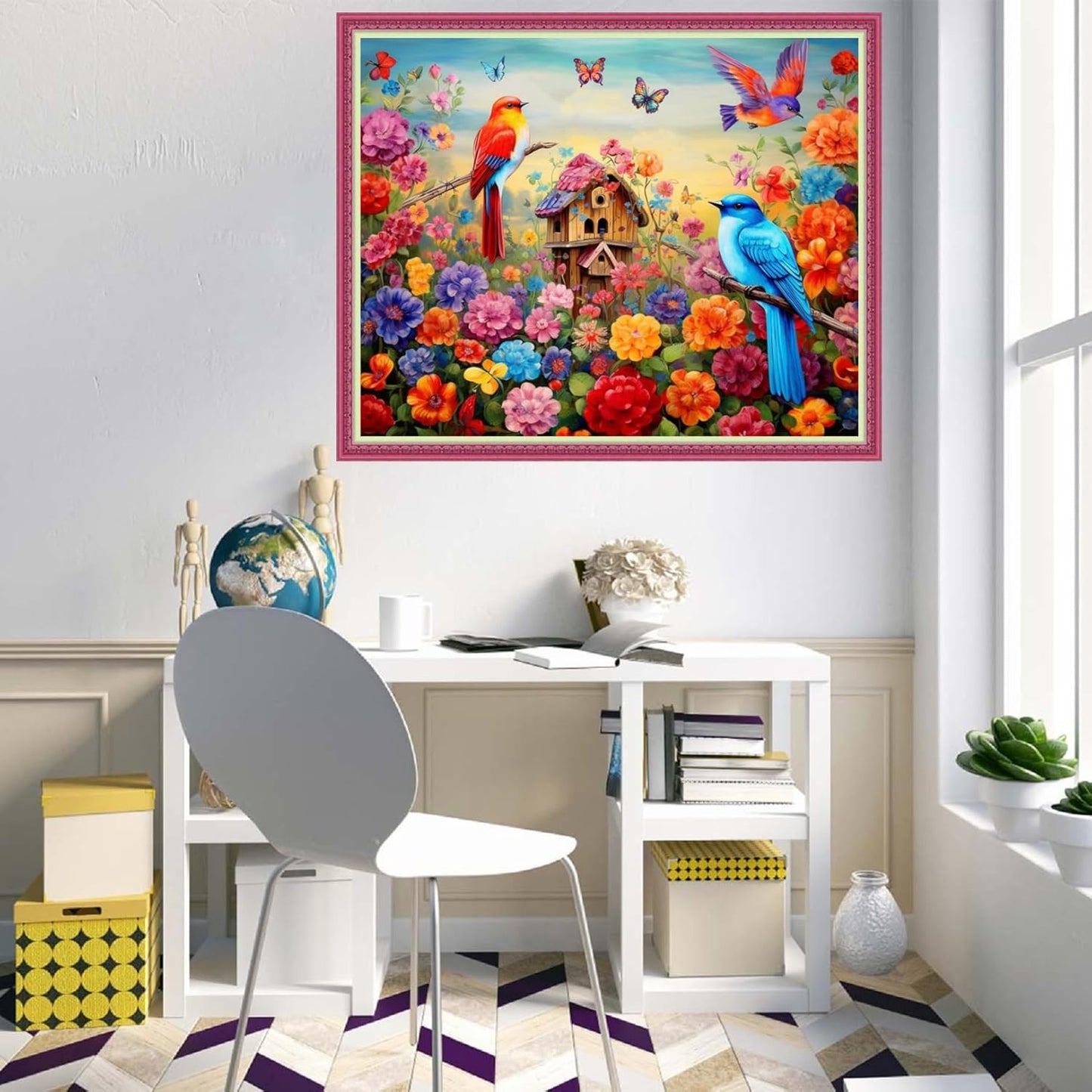 Disnesart Cross Stitch Stamped Full Embroidery Kits DIY 11CT Cotton Thread Printed DIY Needlepoint Kits Craft Needlework Set Cross-Stitch Stamped Sets-Flower Bird Home 16x20 inch