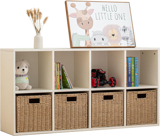 Wood 8-Compartment Storage Cabinet 8-Cube Storage Cabinet Organizer Wooden Cubby Bookshelf White 2 tier Open Cabinet Qquare Cubby Shelf for Home Office Living Room (8-Cube, 11 in Shelf Opening)