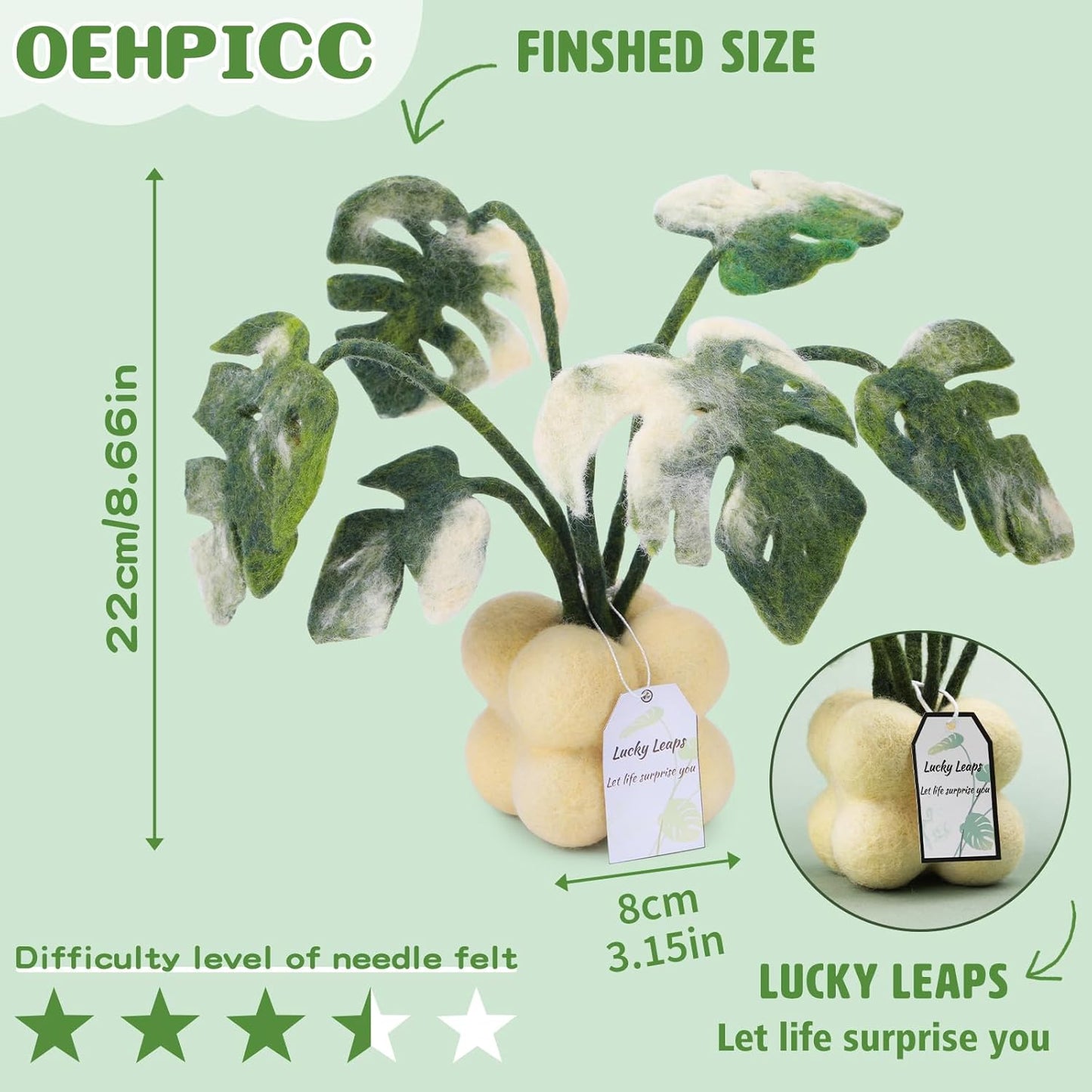 OEHPICC Needle Felting Kit for Beginners, Monstera Potted Plant Felt Kit, Wool Felting Kit with Felting Needles, Felting Pad and Instructions, Perfect for Office Indoor Greenery Present Idea