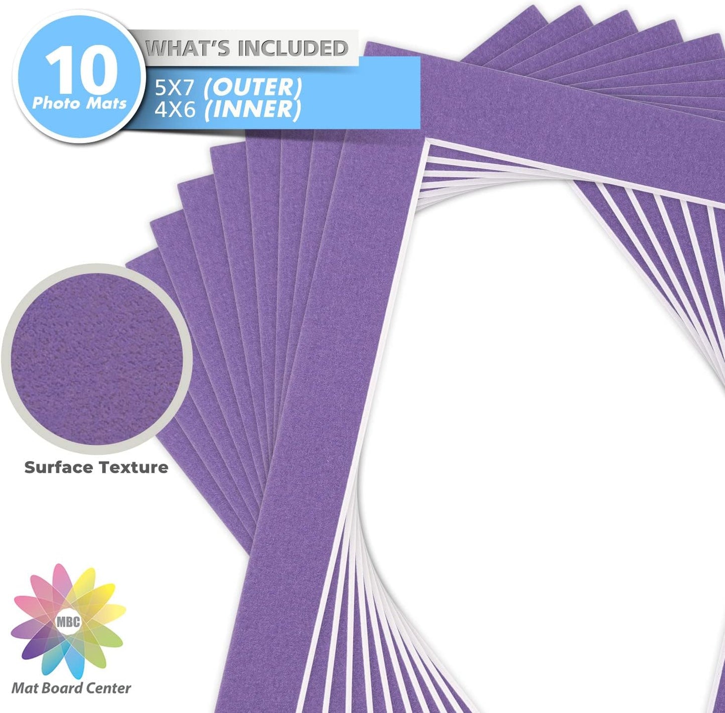 Mat Board Center, Pack of 10, 5x7 for 4x6 Color Mats - Bevel Cut, Acid Free, 4-ply Thickness, White Core - for Pictures, Photos, Framing, African Violet Color